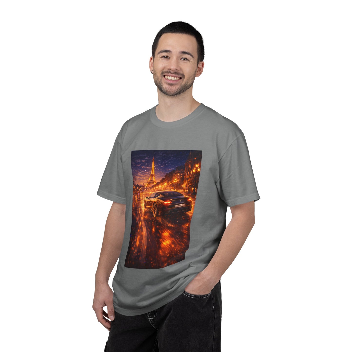 Paris Night Drive T-Shirt — Sports Car in Rainy Cityscape