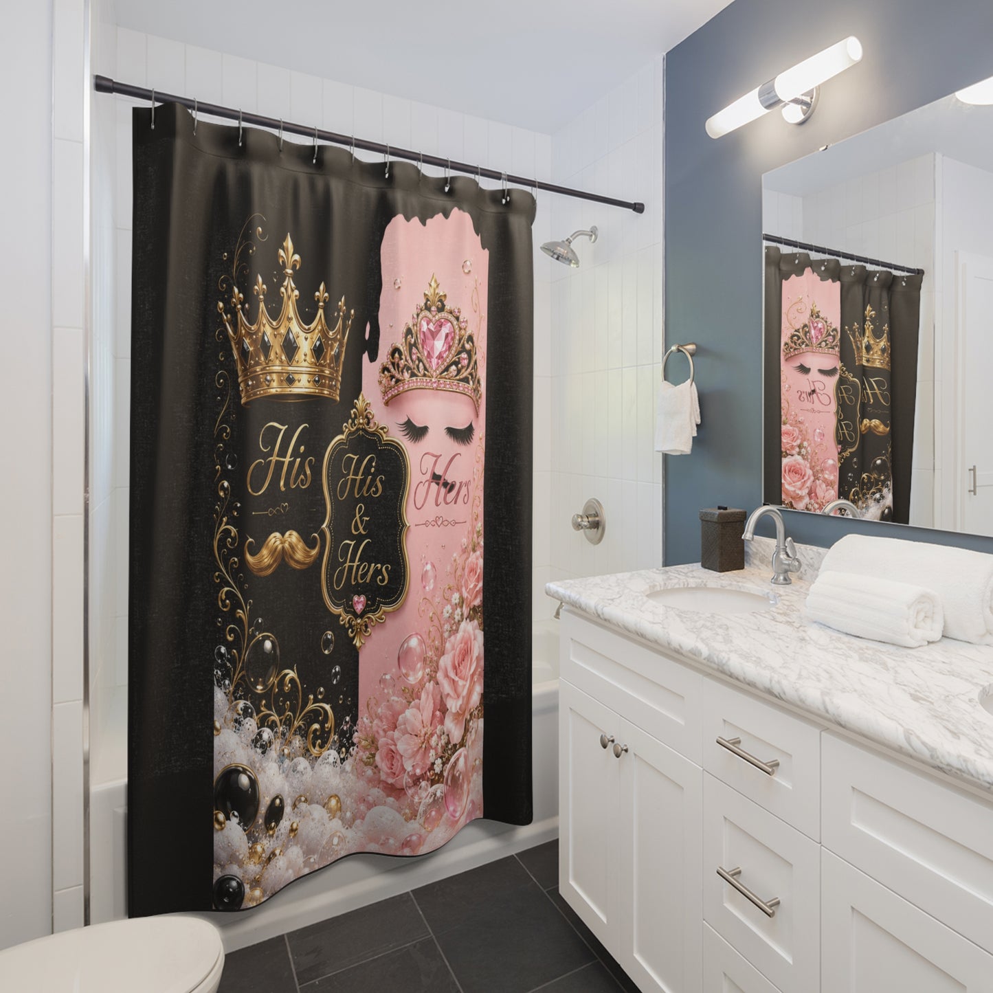 His & Hers Royal Crown Shower Curtain – Pink and Black Couples Bathroom Decor