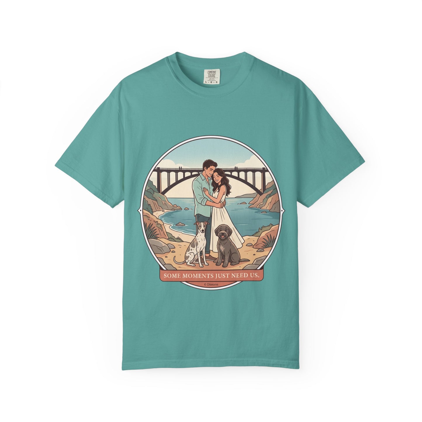 T-Shirt — Romantic Coastal Couples Tee “Some Moments Are Forever” with Dogs