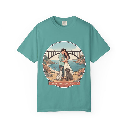 T-Shirt — Romantic Coastal Couples Tee “Some Moments Are Forever” with Dogs