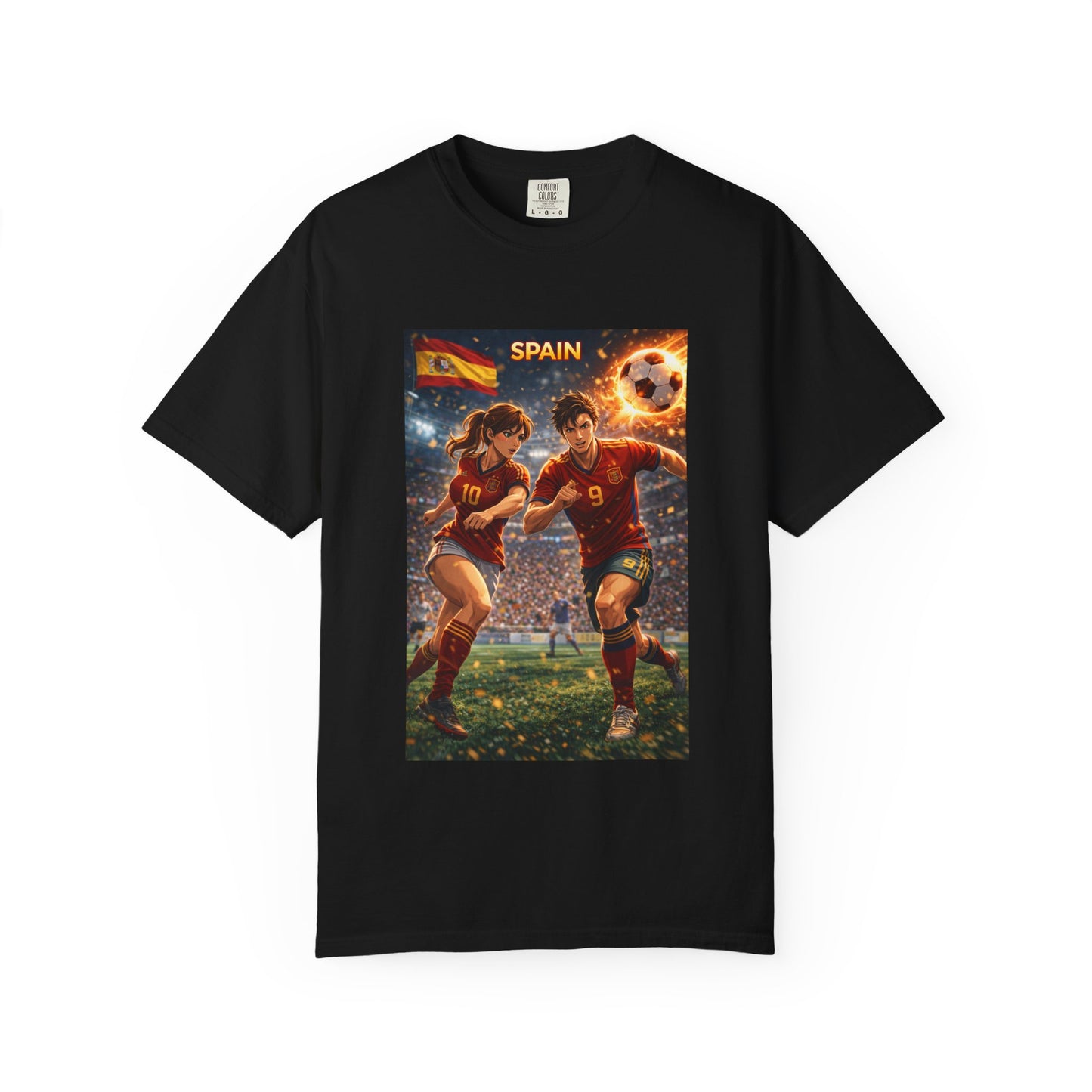 Spain Soccer Graphic T-Shirt — Retro Match Scene with Flag