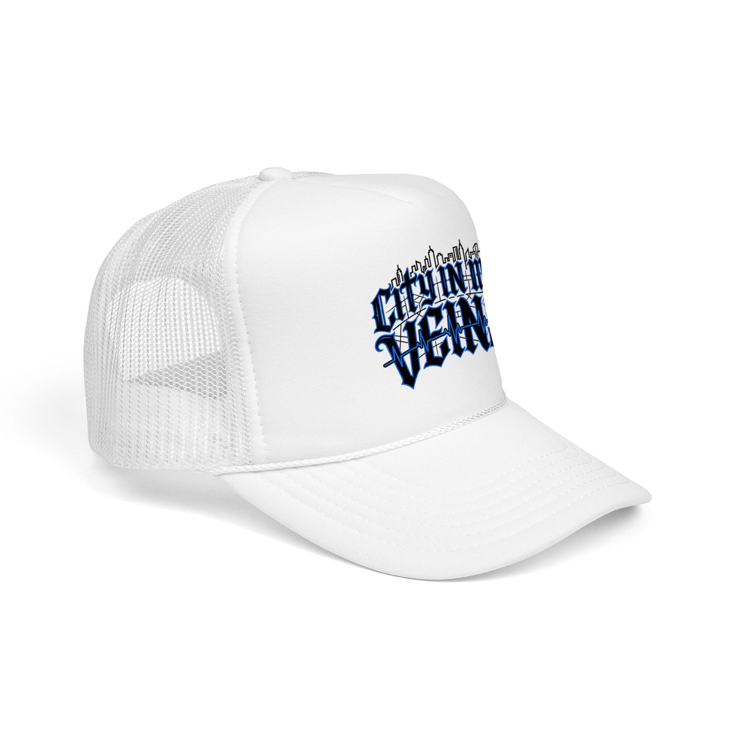 City In My Veins Foam Trucker Hat — Urban Gothic Blue Embroidered Cap
