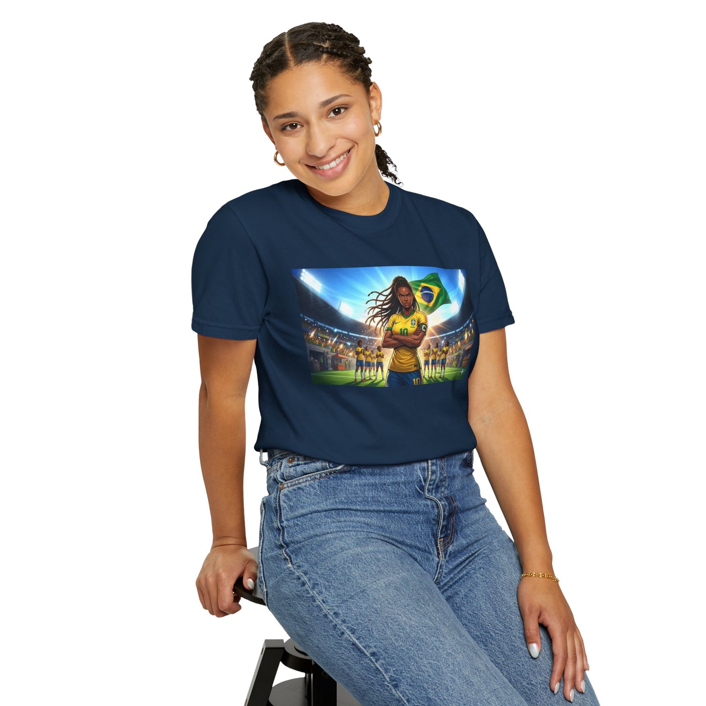 Brazil Soccer Captain T-Shirt — Player Holding Ball with Brazilian Flag Stadium Graphic