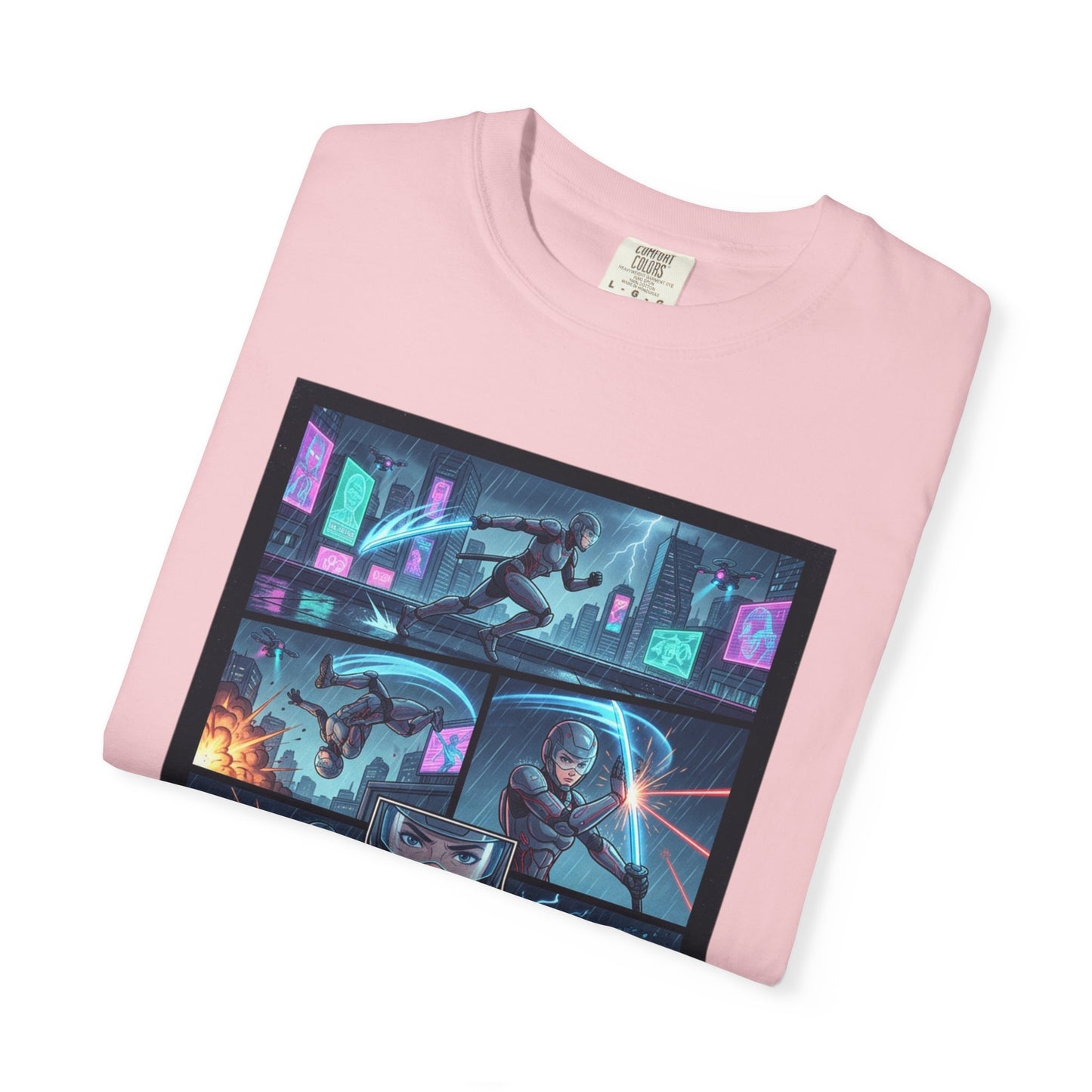 Cyberpunk Girl Samurai T-Shirt — Neon Manga Panel Graphic Tee