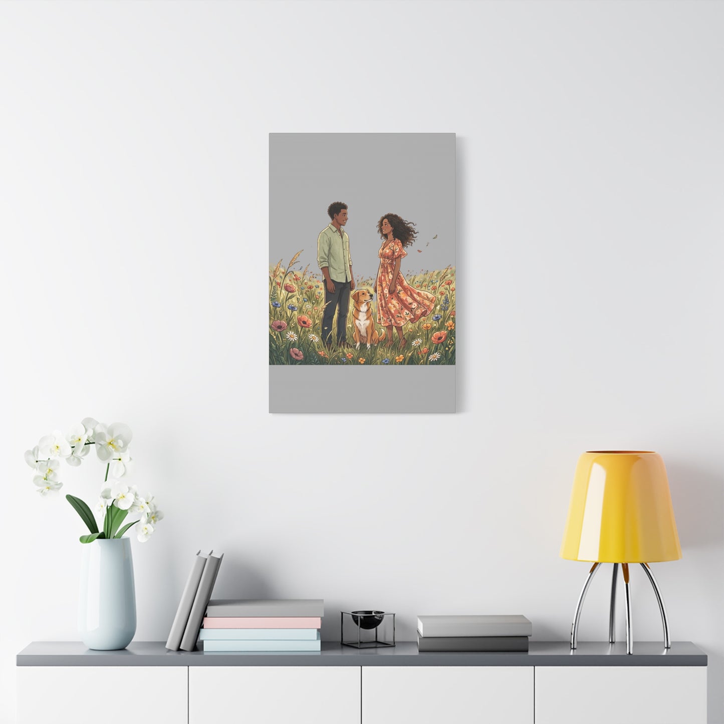 Romantic Couple in Wildflower Field Canvas Art — Black Love Wall Decor with Dog