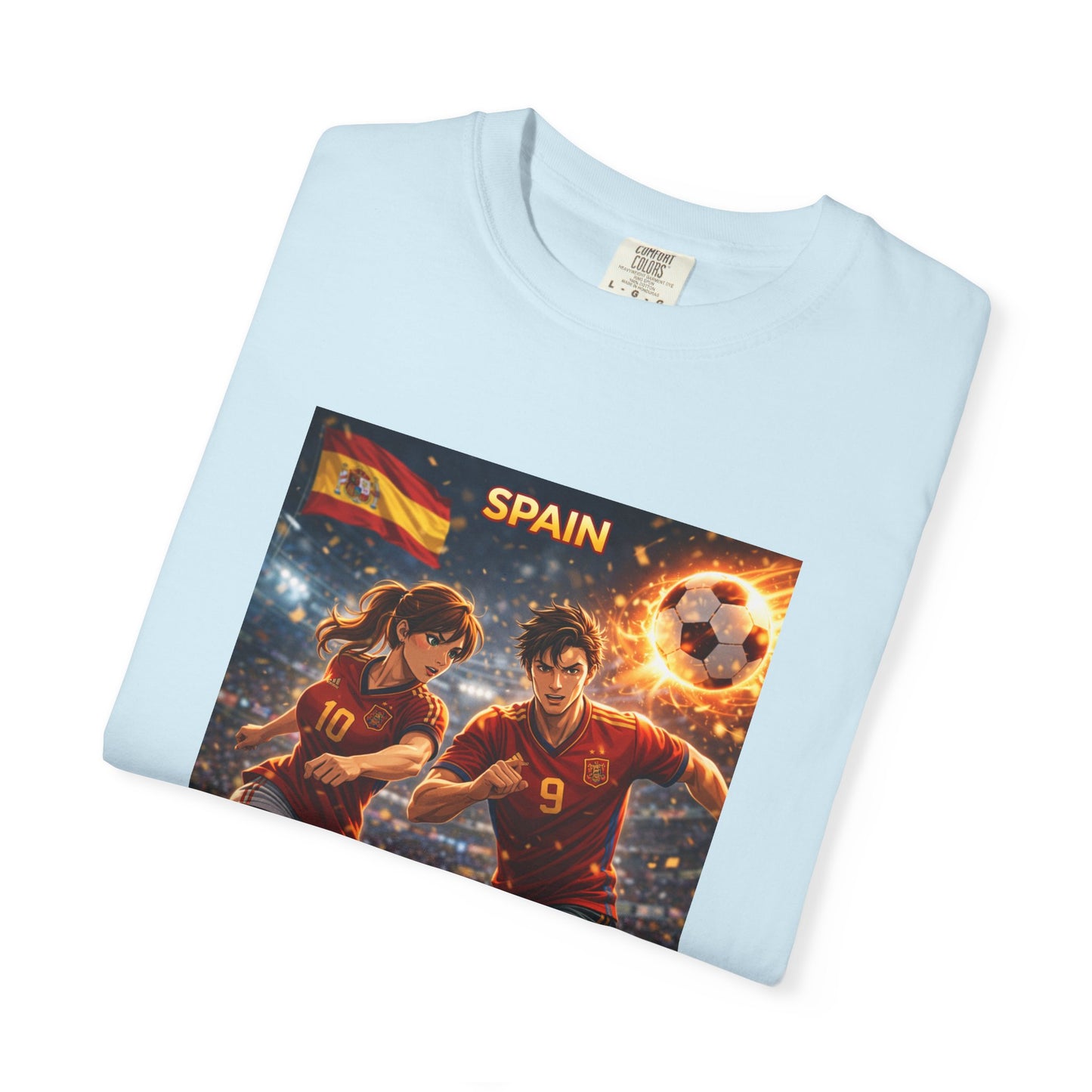 Spain Soccer Graphic T-Shirt — Retro Match Scene with Flag