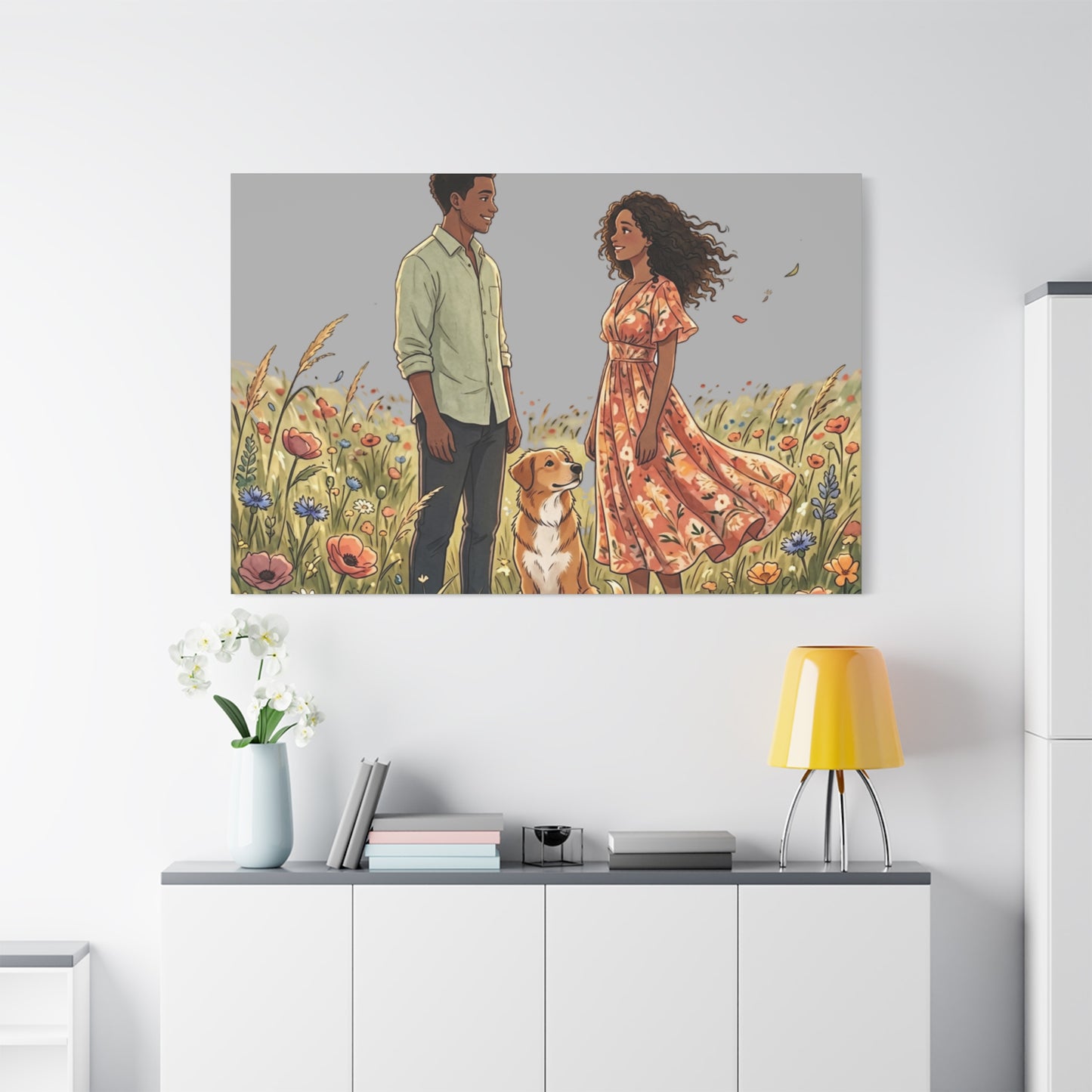 Romantic Couple in Wildflower Field Canvas Art — Black Love Wall Decor with Dog
