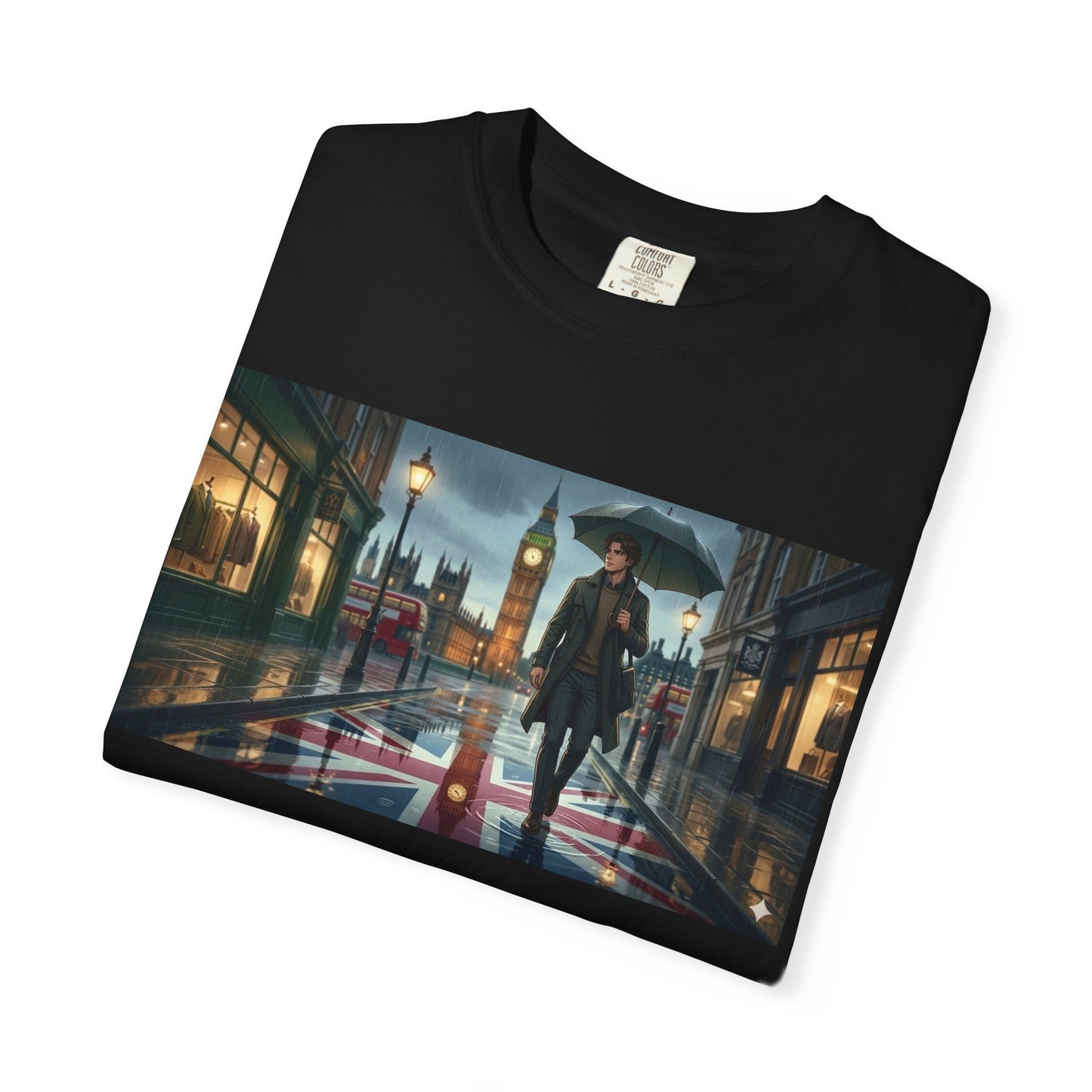 T-Shirt — Rainy London Street Scene Graphic Tee (Big Ben, Umbrella, Night Cityscape)