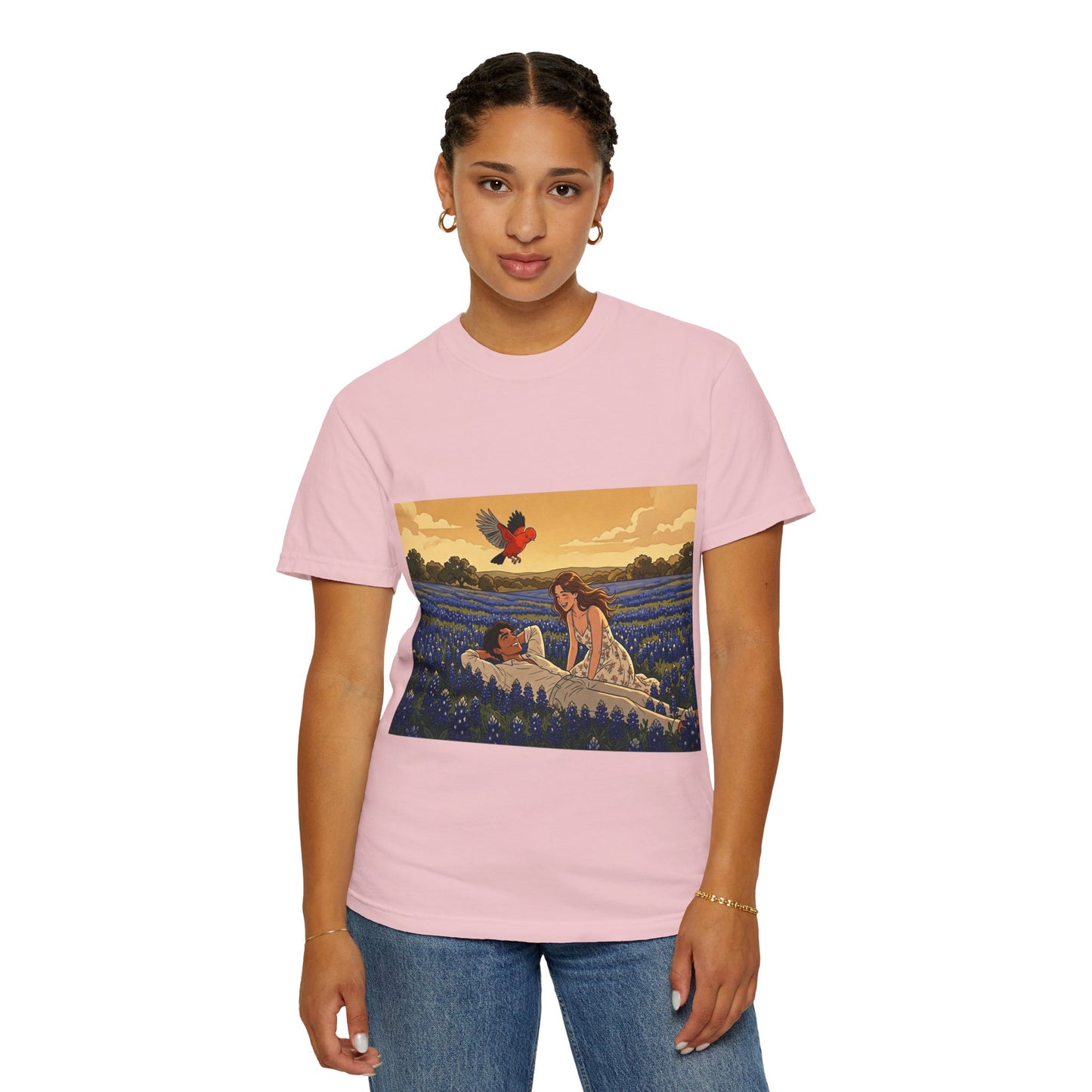 Romantic Bluebonnet Field T-Shirt — Couple in Wildflower Meadow Art Tee