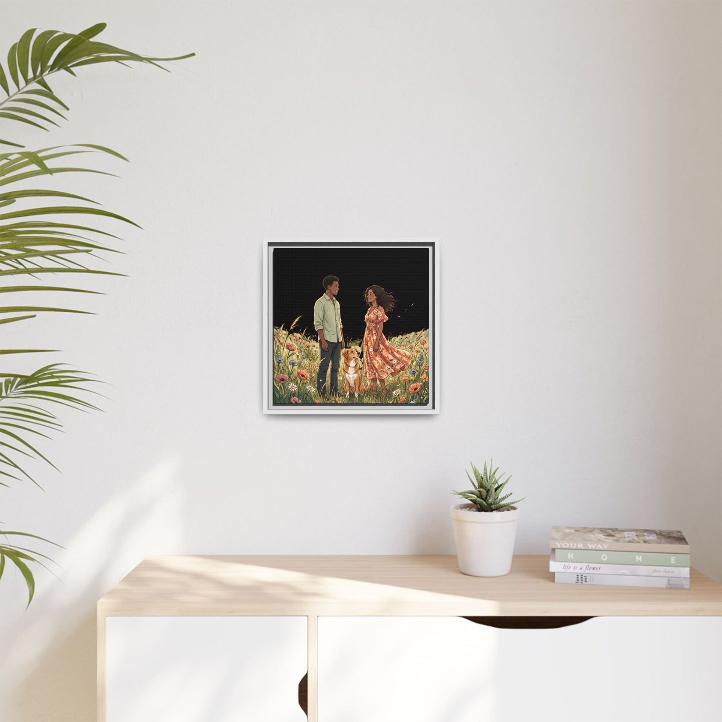 Framed Matte Canvas Print — Romantic Couple in Wildflower Field (Multi‑Color)