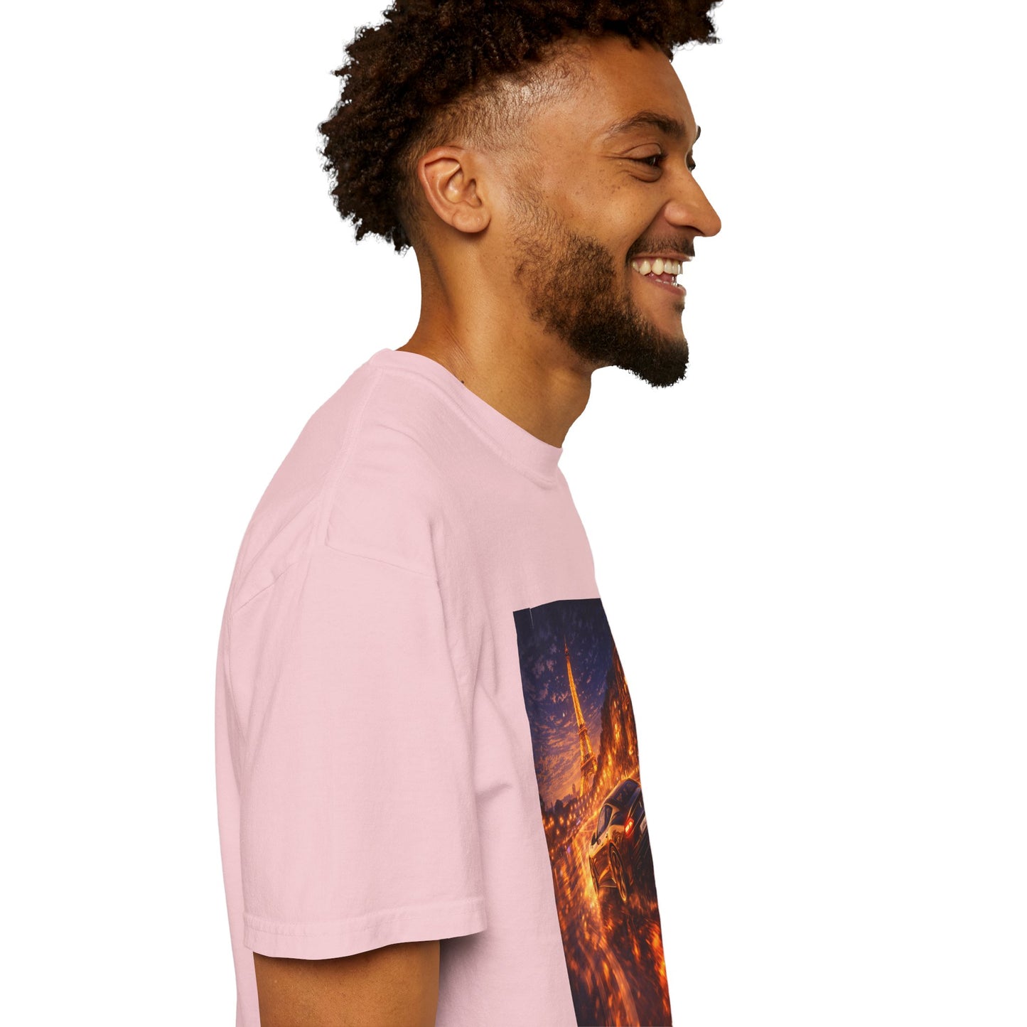 Paris Night Drive T-Shirt — Sports Car in Rainy Cityscape