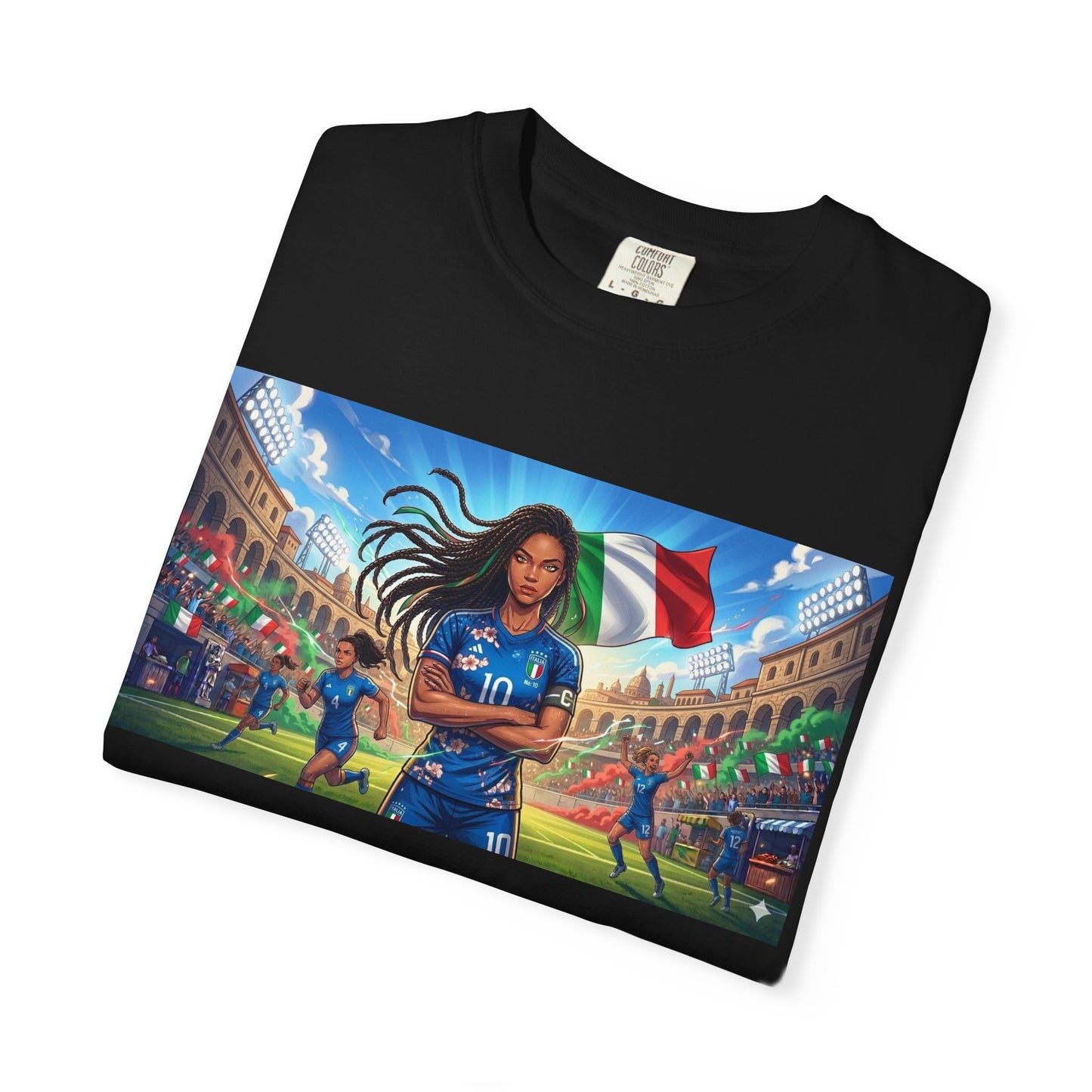 Italian Soccer Fan T‑Shirt – Inspirational Female Player with Italy Flag Stadium Print