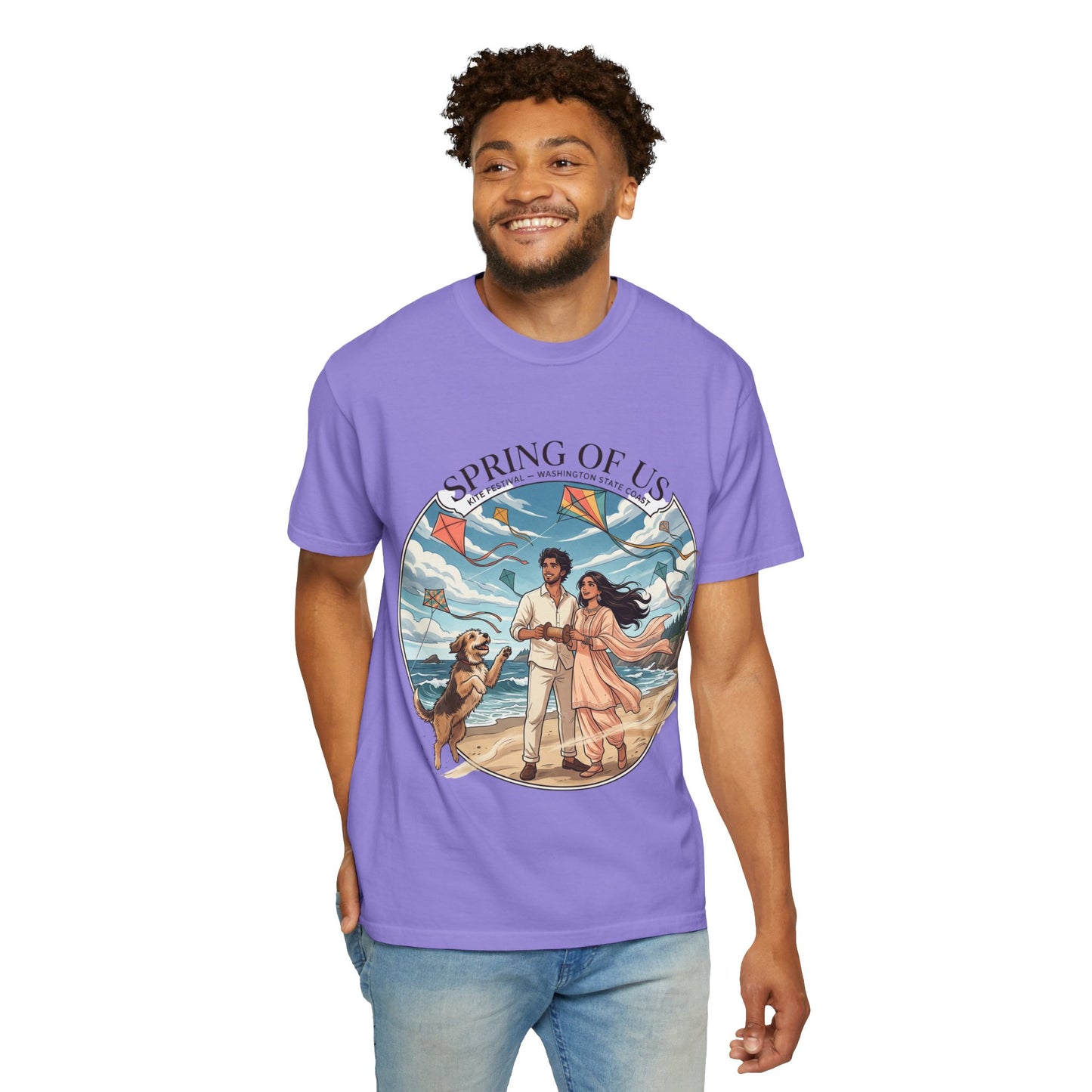Spring of Us T-Shirt — Romantic Beach Couple Illustration with Dog