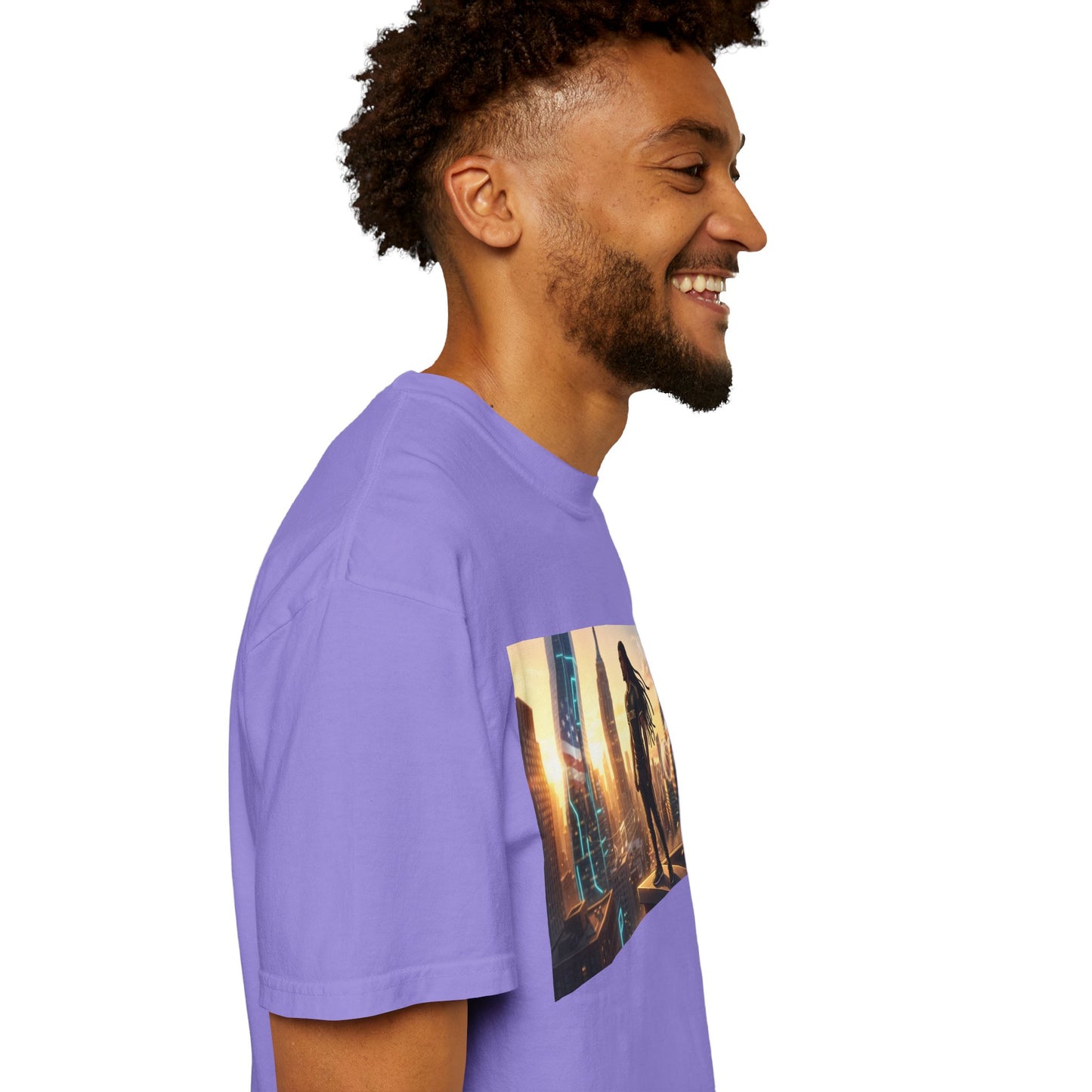Cyberpunk Cityscape T-Shirt — Silhouette Hero at Sunset