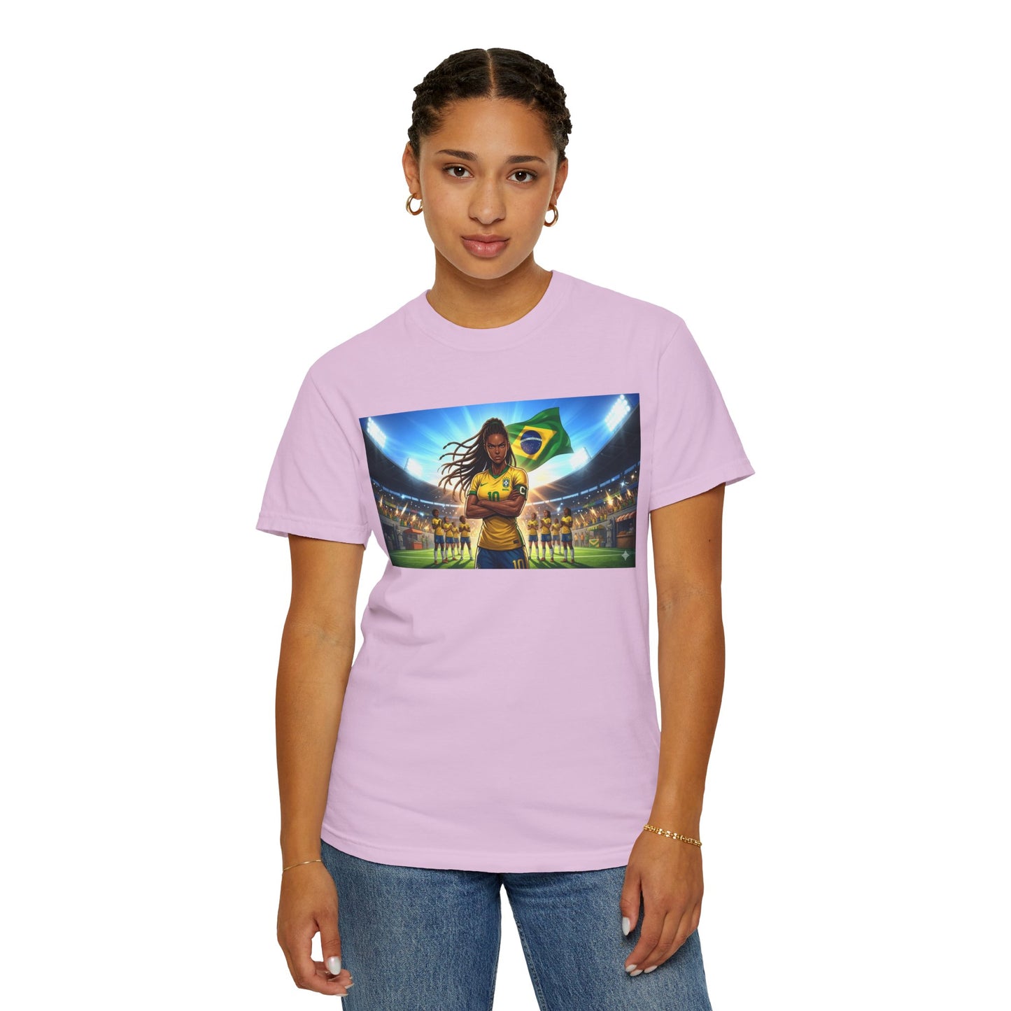 Brazil Soccer Captain T-Shirt — Player Holding Ball with Brazilian Flag Stadium Graphic