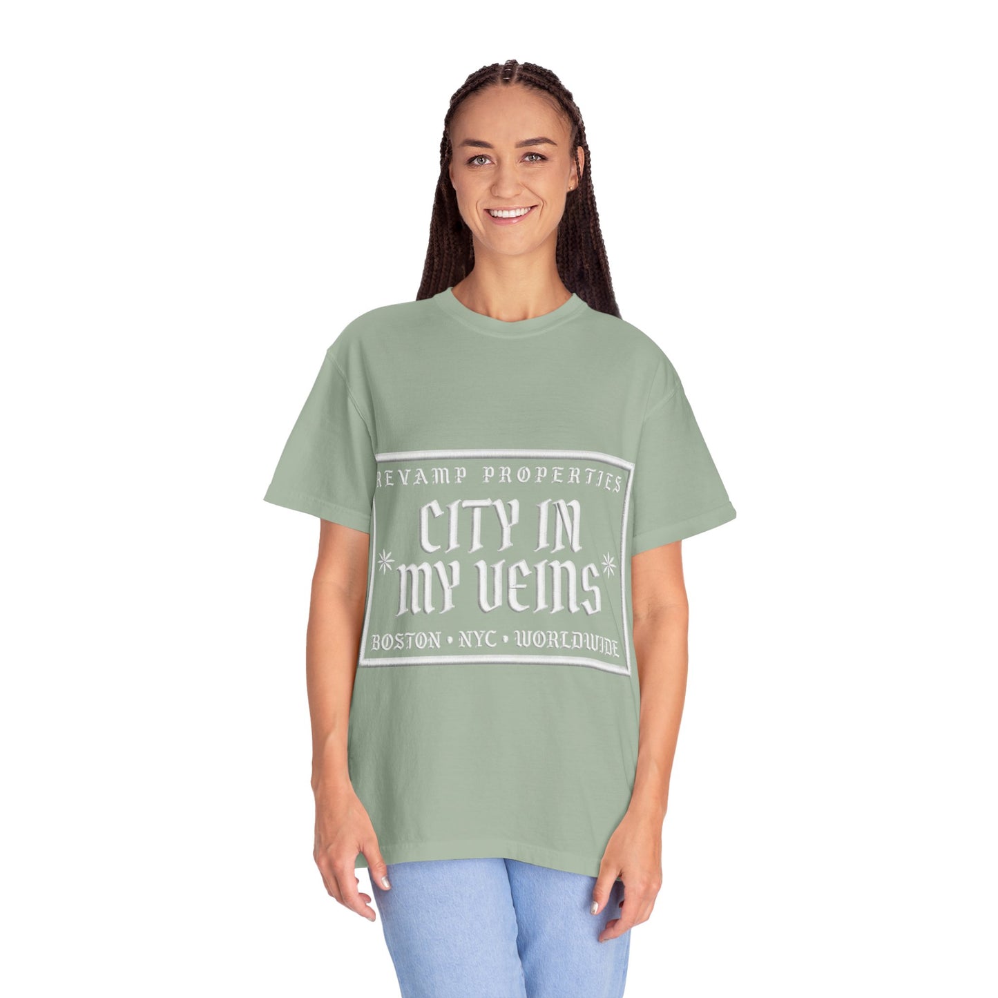 City In My Veins T‑Shirt — Vintage Cityscape Tee (Boston • NYC • Manchester)