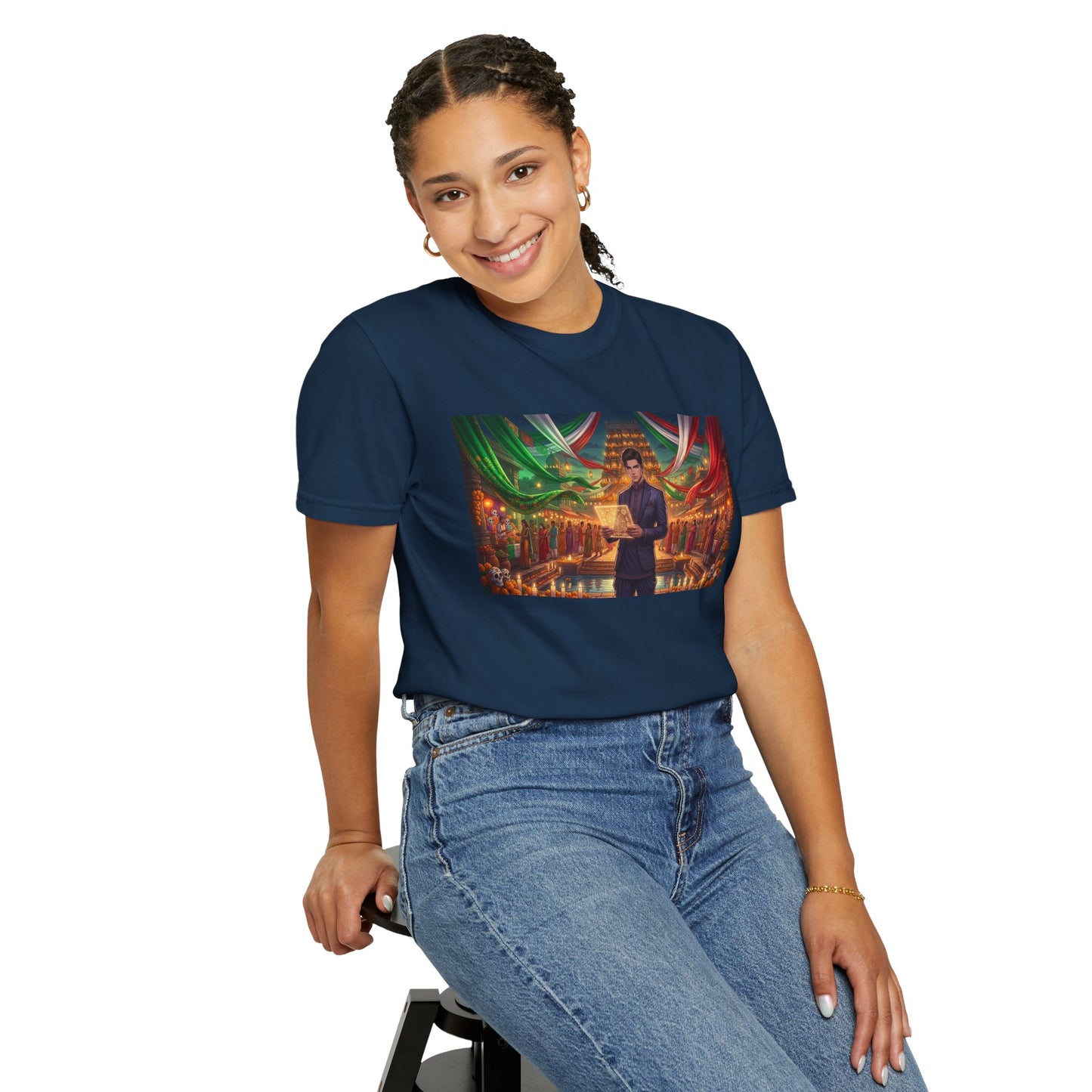 T-Shirt — Dragon Temple Night Scene Graphic Tee (Monk with Dragons)
