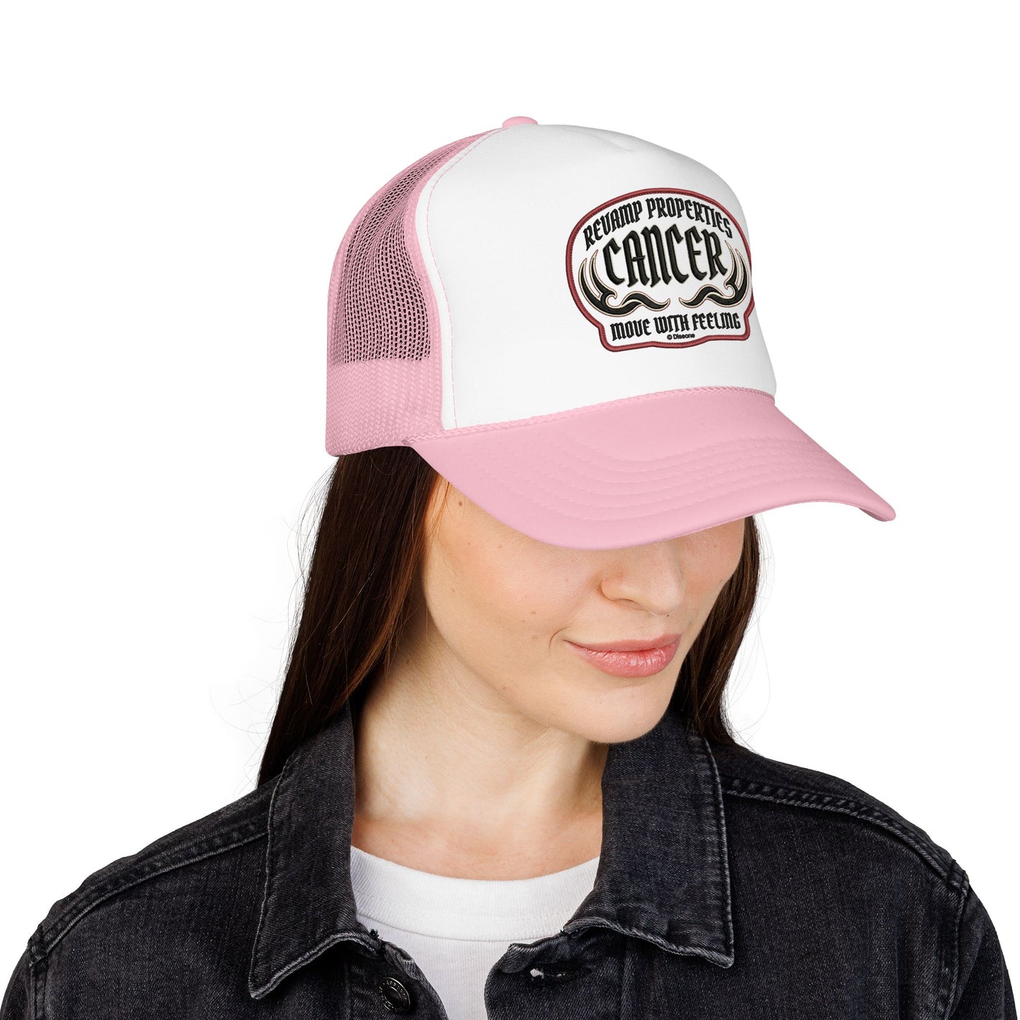 Cancer Zodiac Trucker Hat — Vintage Embroidered Skull & Crab Design