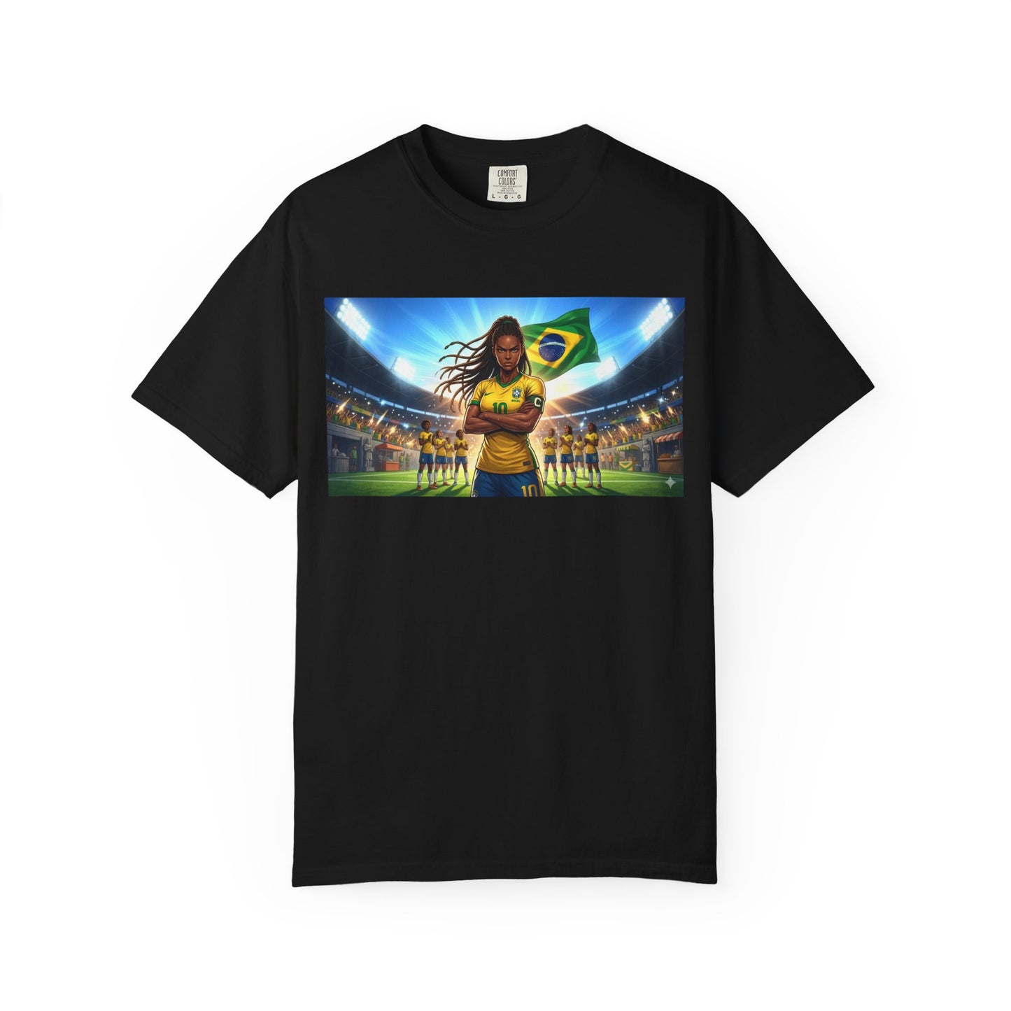 Brazil Soccer Captain T-Shirt — Player Holding Ball with Brazilian Flag Stadium Graphic