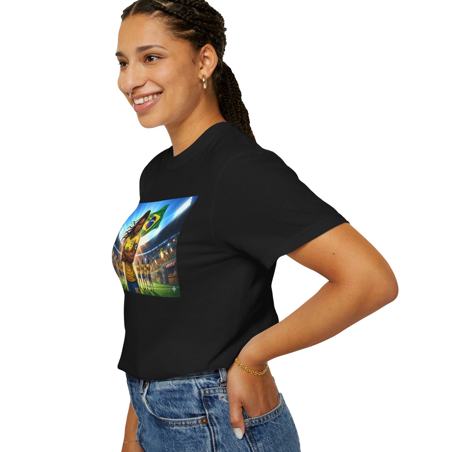 Brazil Soccer Captain T-Shirt — Player Holding Ball with Brazilian Flag Stadium Graphic