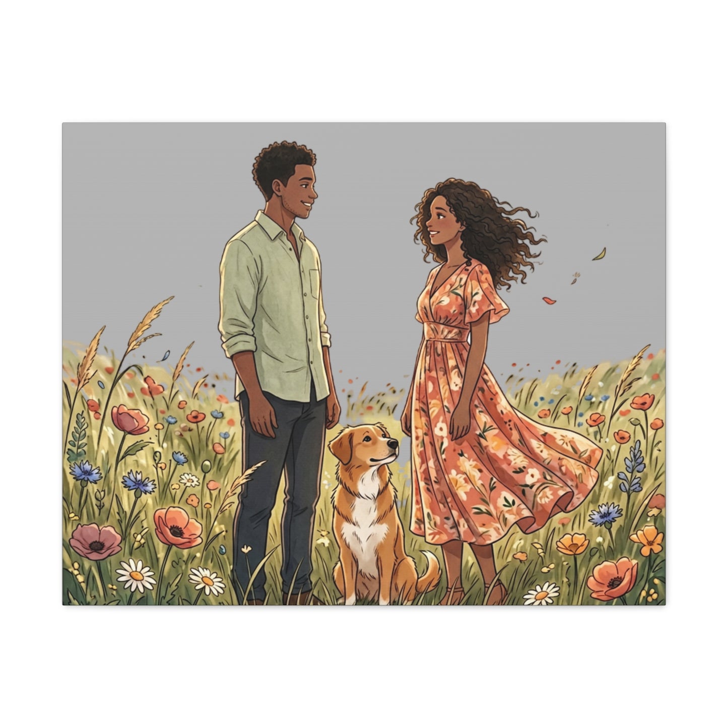 Romantic Couple in Wildflower Field Canvas Art — Black Love Wall Decor with Dog