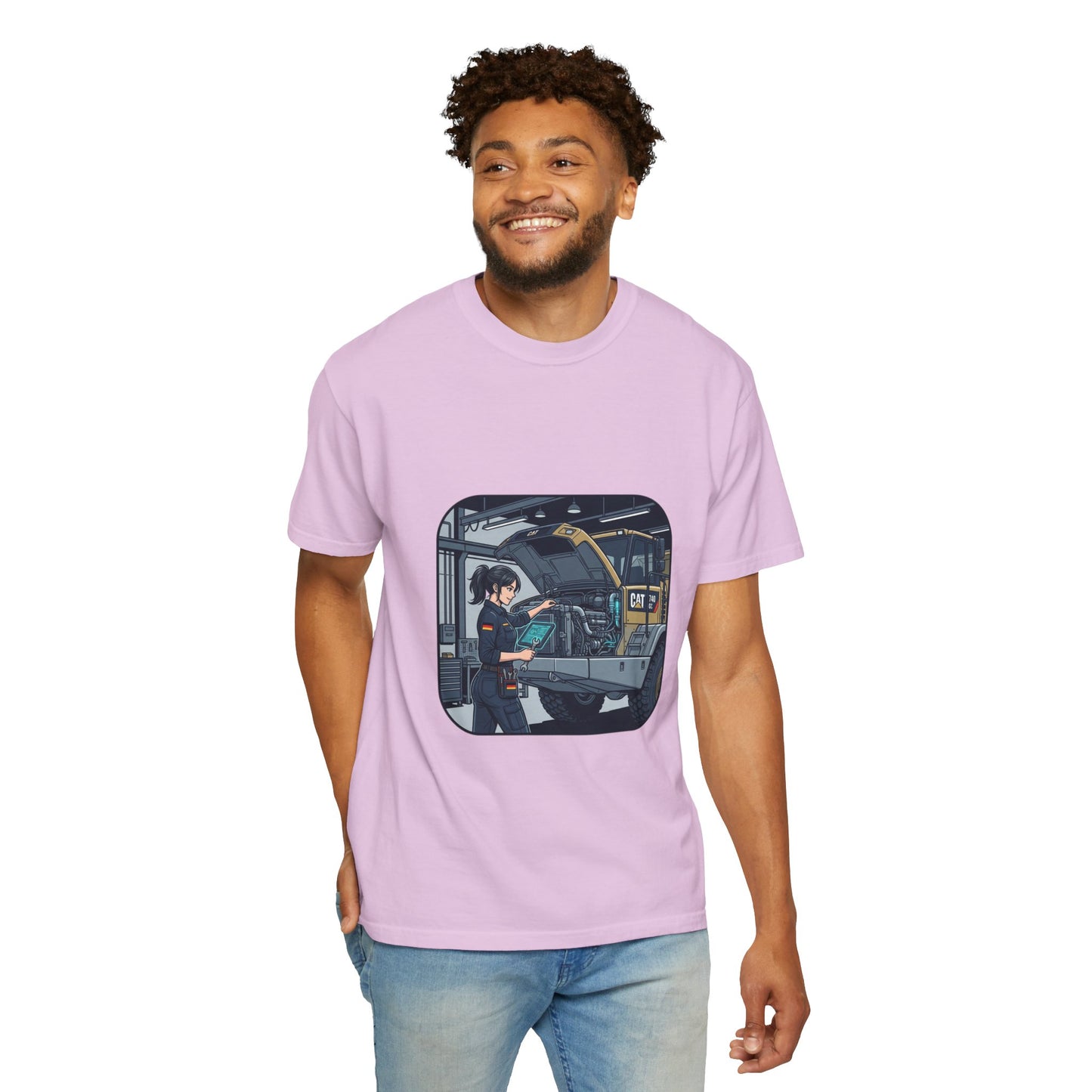Mechanic Garage Scene T-Shirt — Vintage Truck Repair Illustration