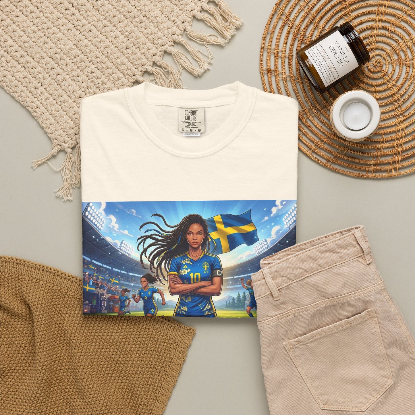 Swedish Soccer Pride T-Shirt — Female Footballer with Flag Stadium Design
