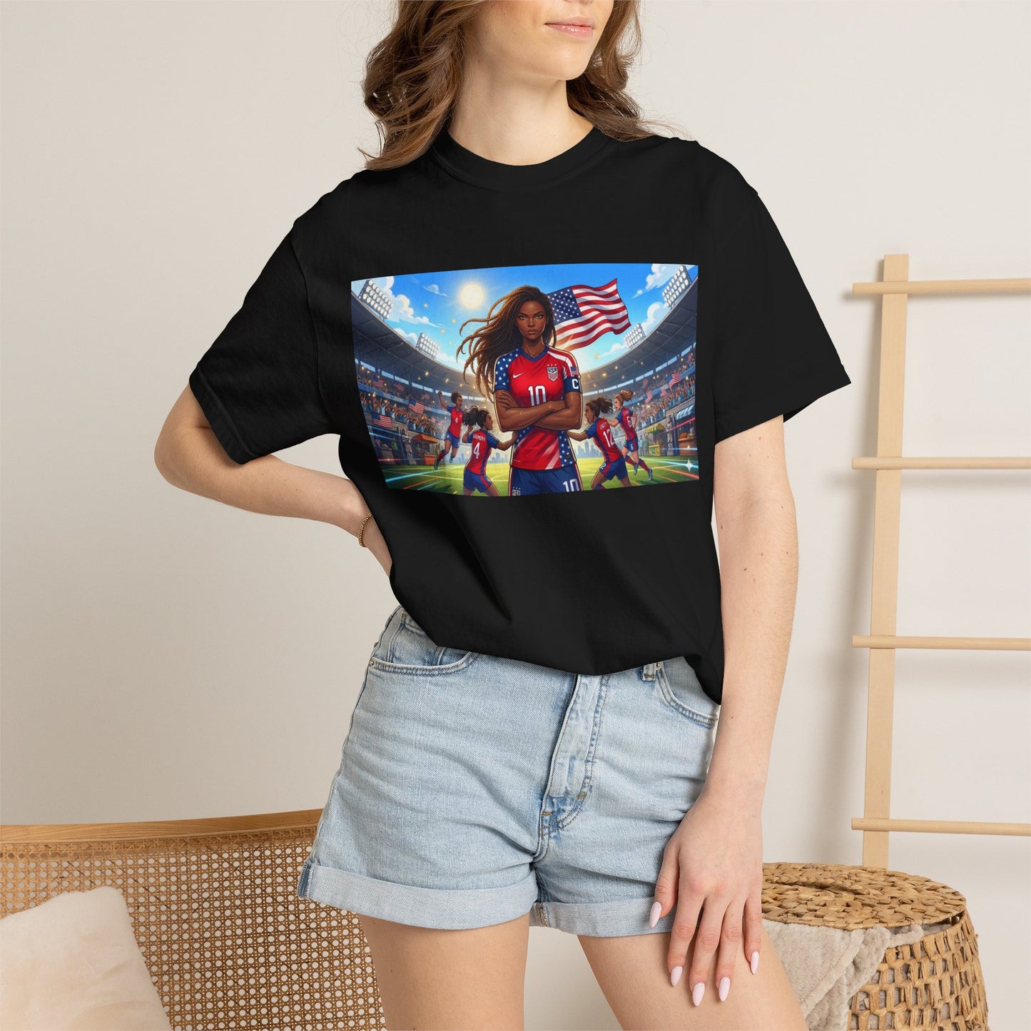 Soccer Mom USA T-Shirt — Female Soccer Player with American Flag Stadium Graphic