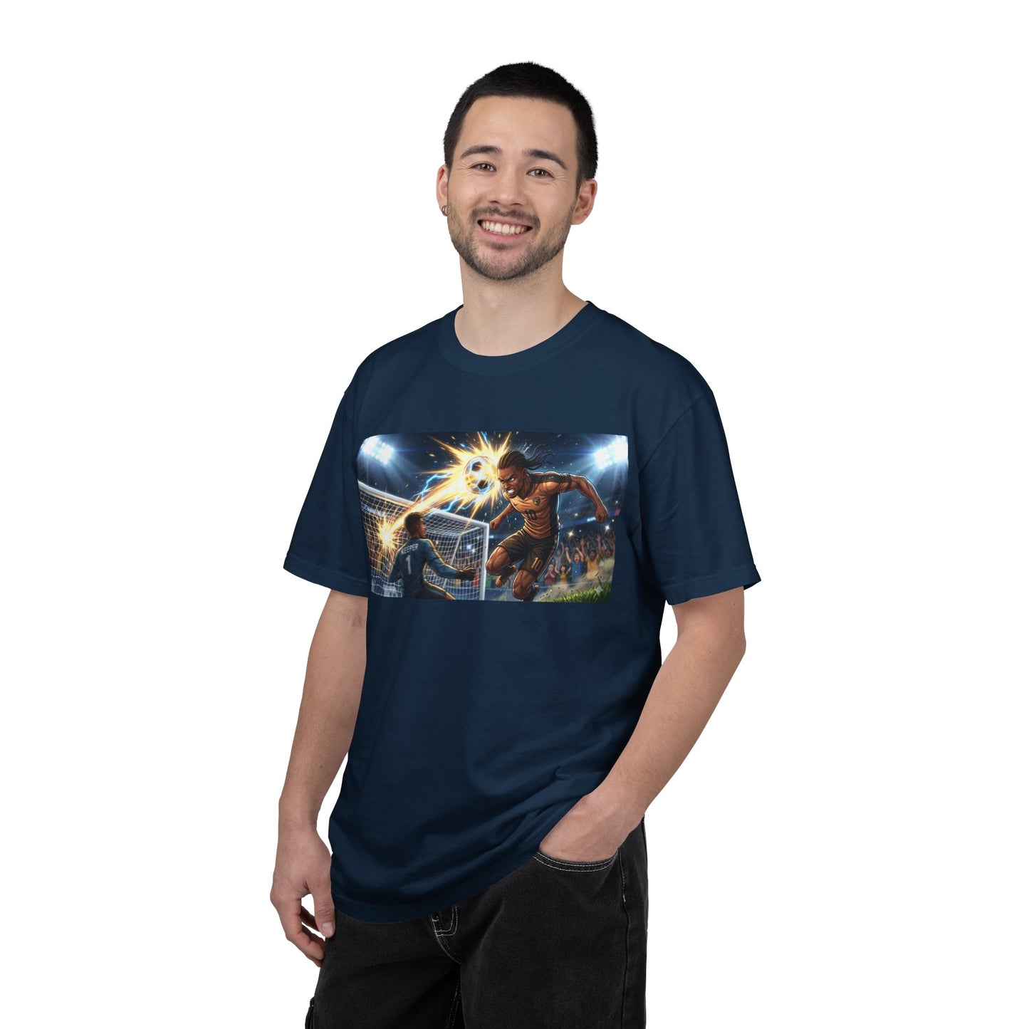 Soccer Goal Celebration T-Shirt — Action Football Scene Graphic Tee