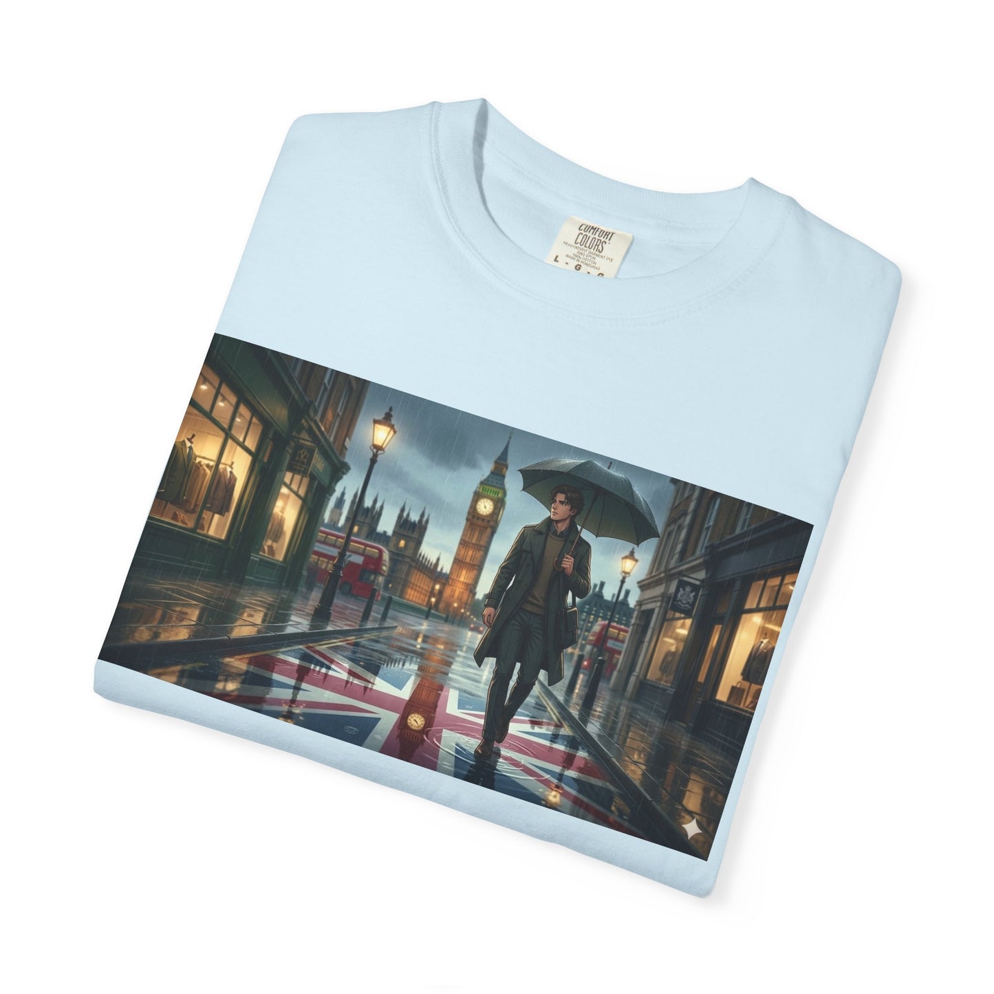 T-Shirt — Rainy London Street Scene Graphic Tee (Big Ben, Umbrella, Night Cityscape)