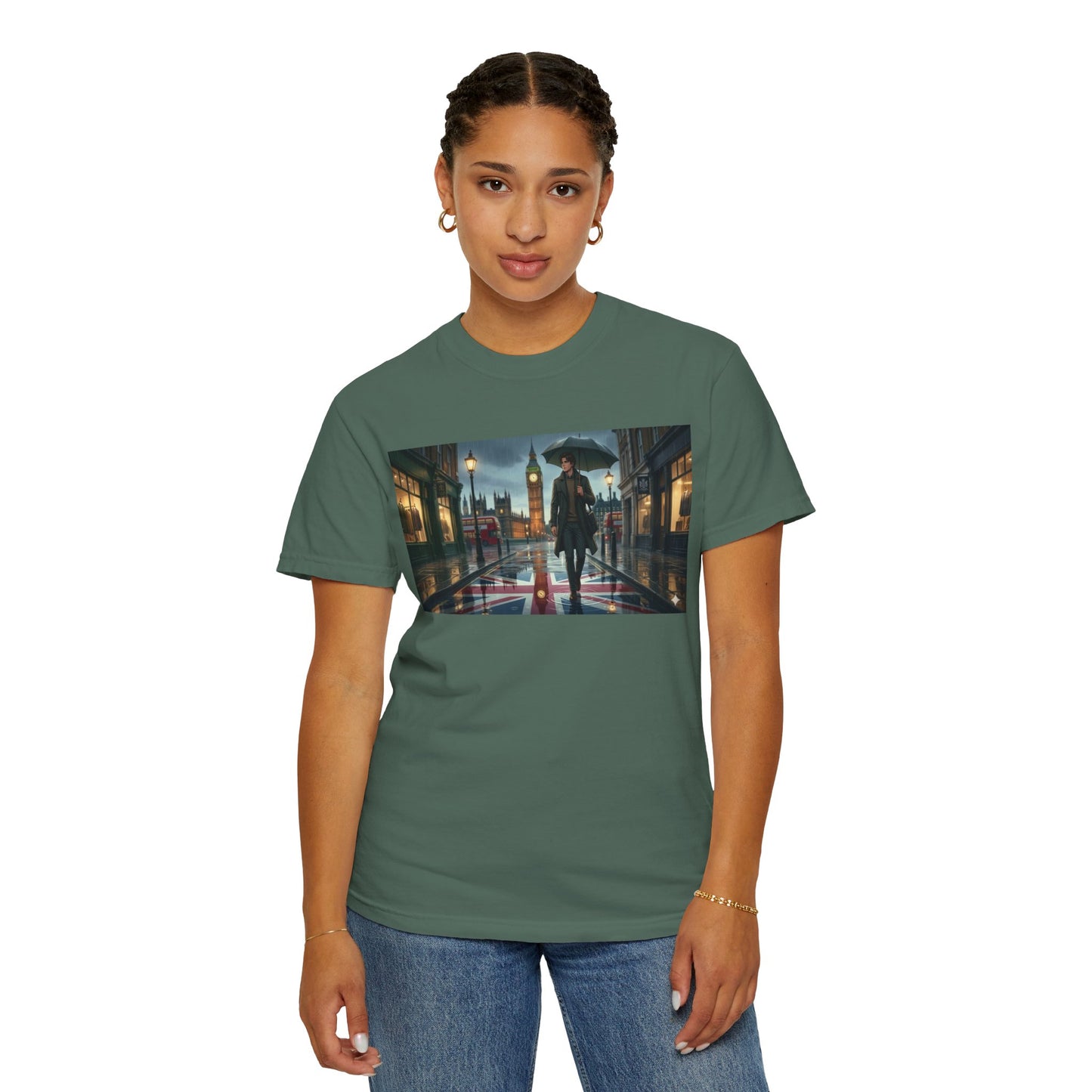 T-Shirt — Rainy London Street Scene Graphic Tee (Big Ben, Umbrella, Night Cityscape)