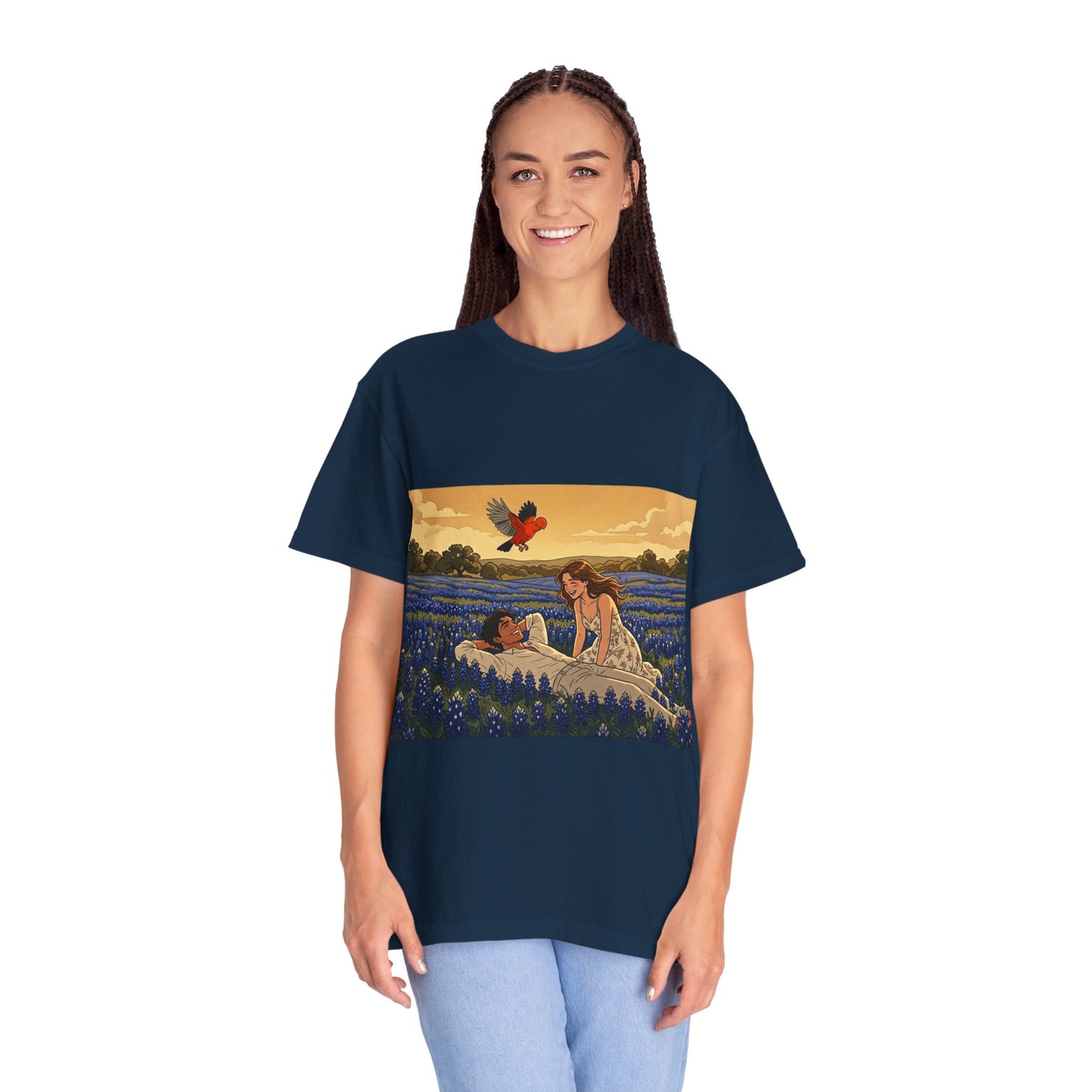Romantic Bluebonnet Field T-Shirt — Couple in Wildflower Meadow Art Tee
