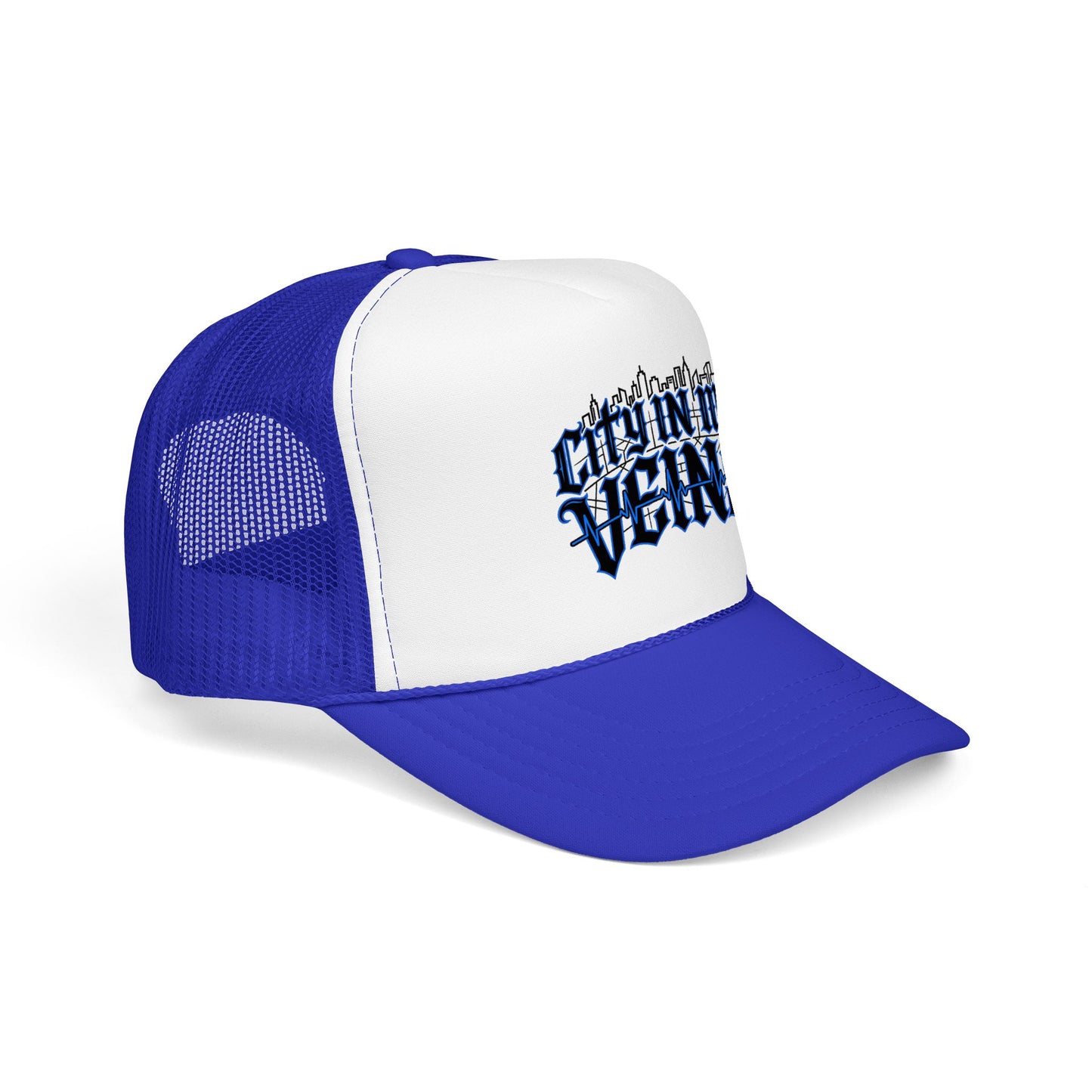City In My Veins Foam Trucker Hat — Urban Gothic Blue Embroidered Cap