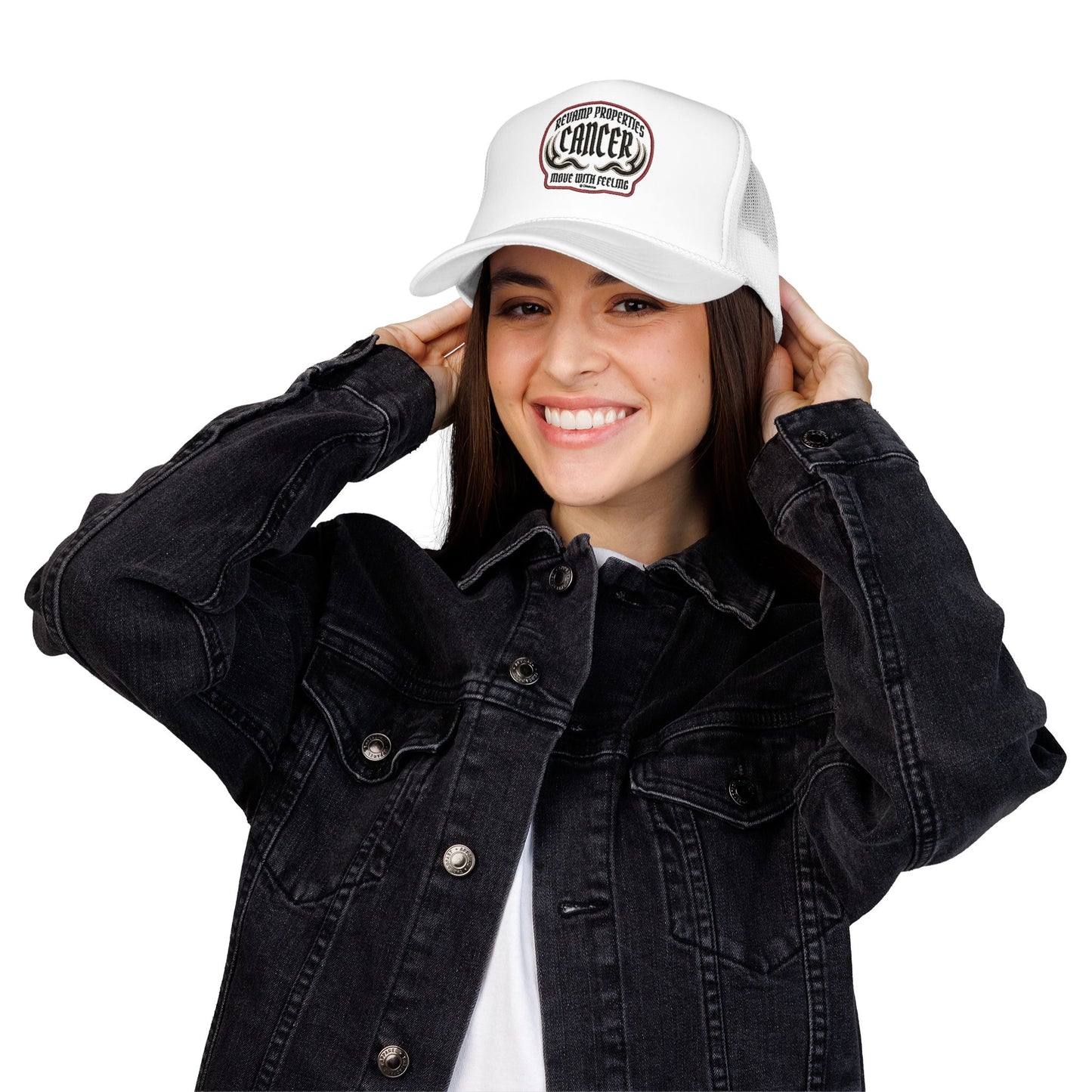 Cancer Zodiac Trucker Hat — Vintage Embroidered Skull & Crab Design