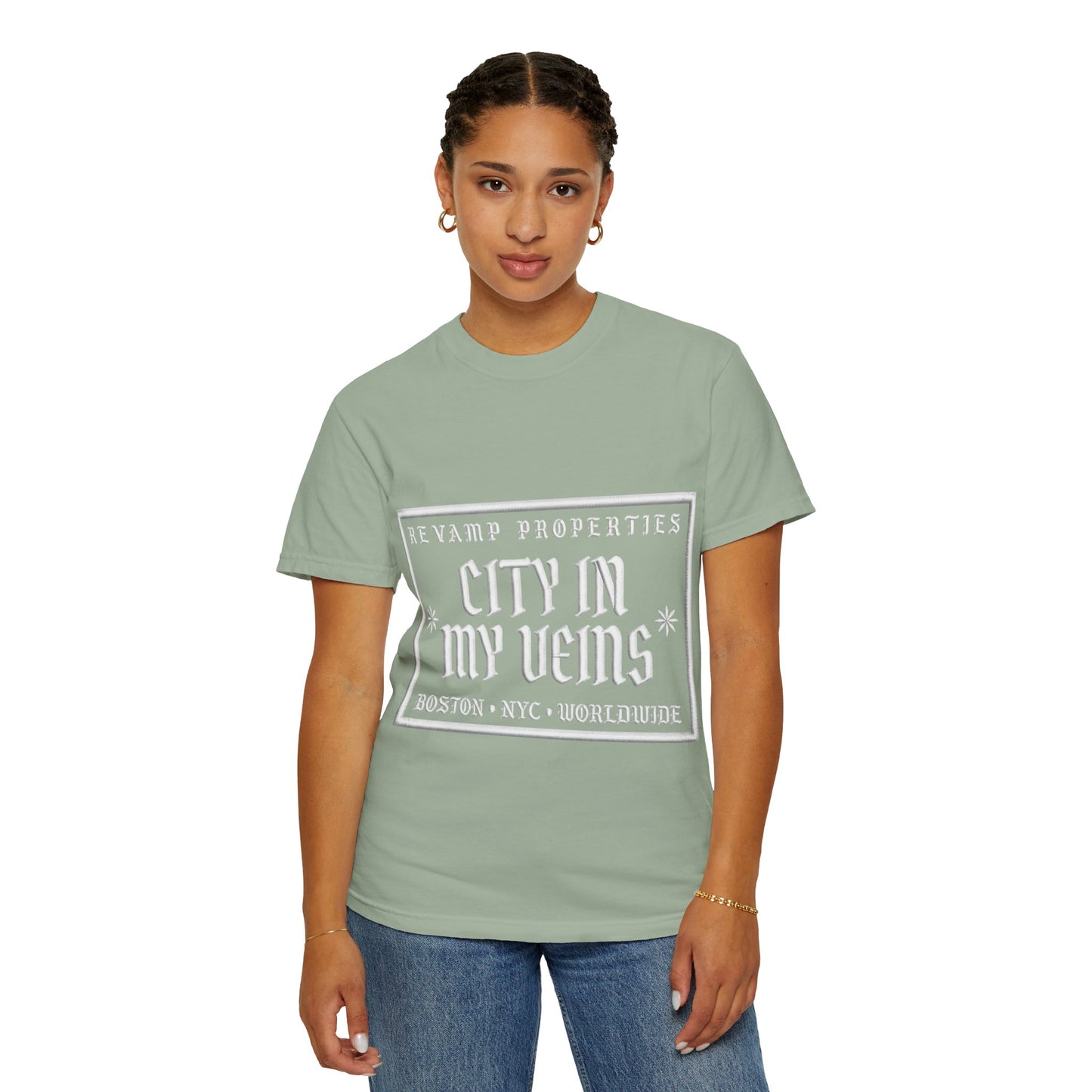 City In My Veins T‑Shirt — Vintage Cityscape Tee (Boston • NYC • Manchester)