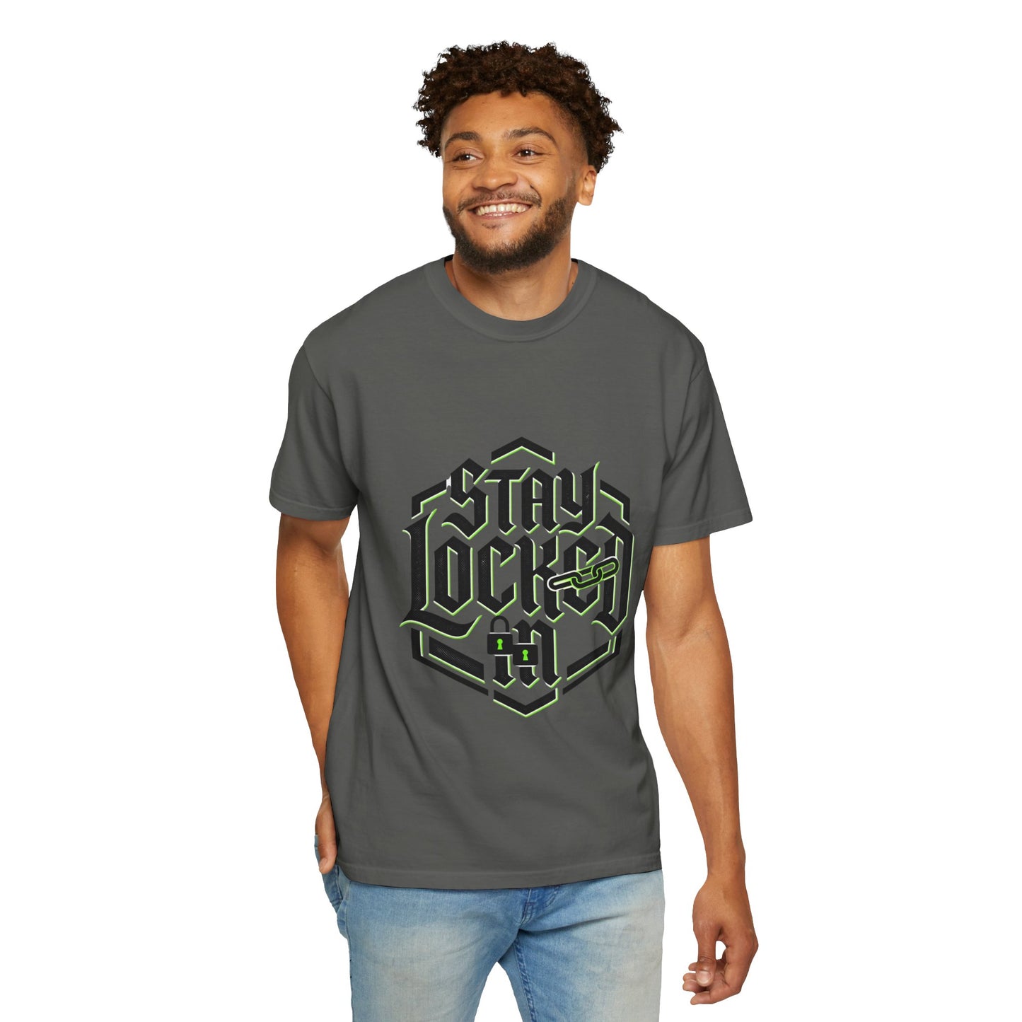 Stay Locked In T-Shirt — Bold Gothic Logo Tee