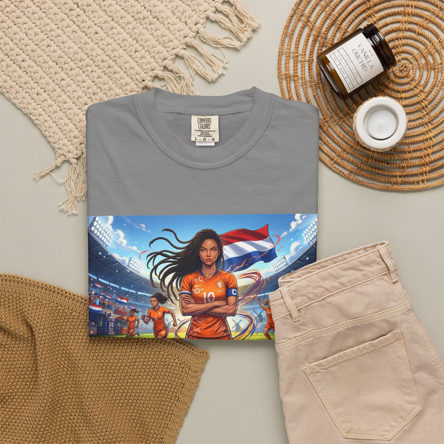 Soccer Warrior T-Shirt — Netherlands Female Captain with Flag Stadium Graphic