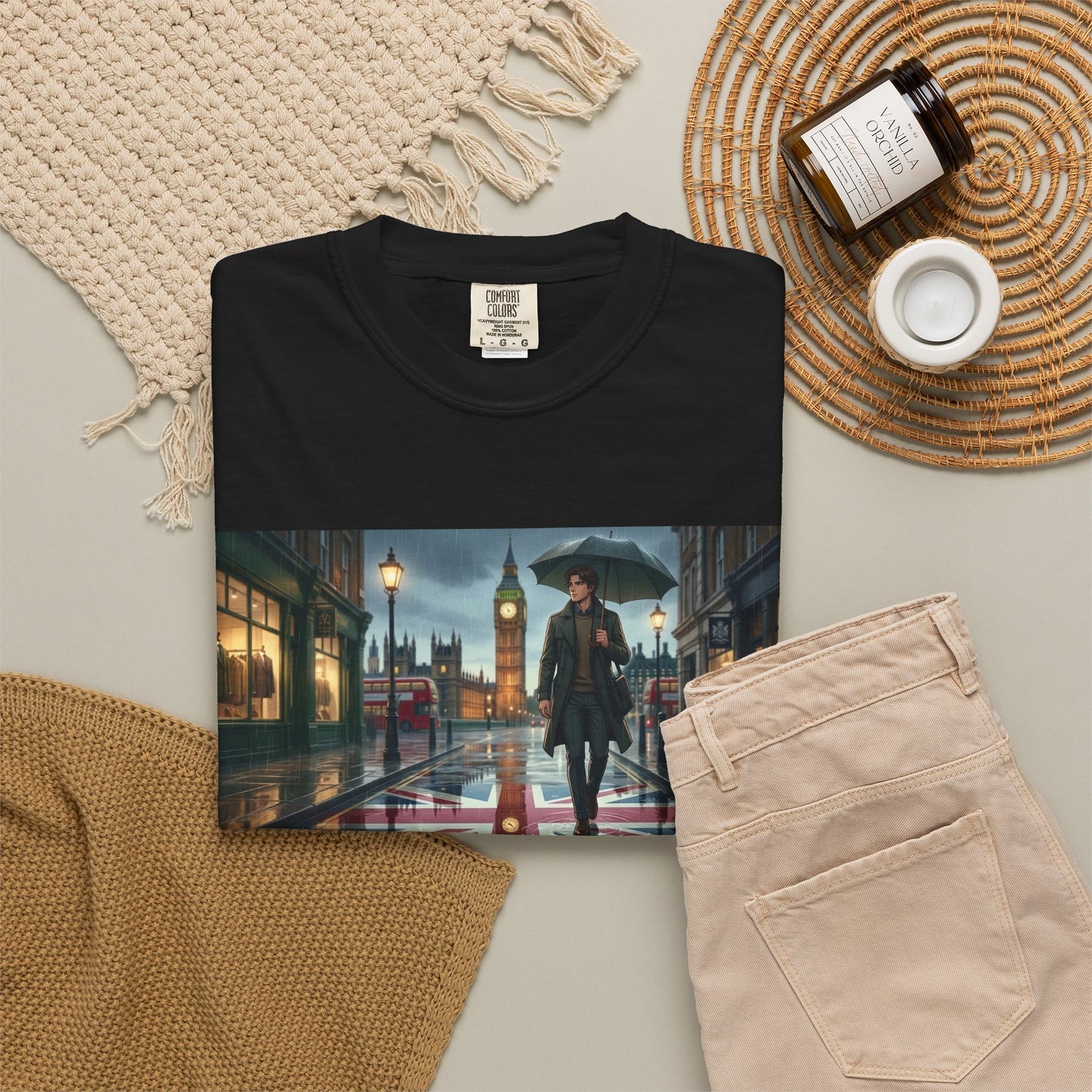 T-Shirt — Rainy London Street Scene Graphic Tee (Big Ben, Umbrella, Night Cityscape)