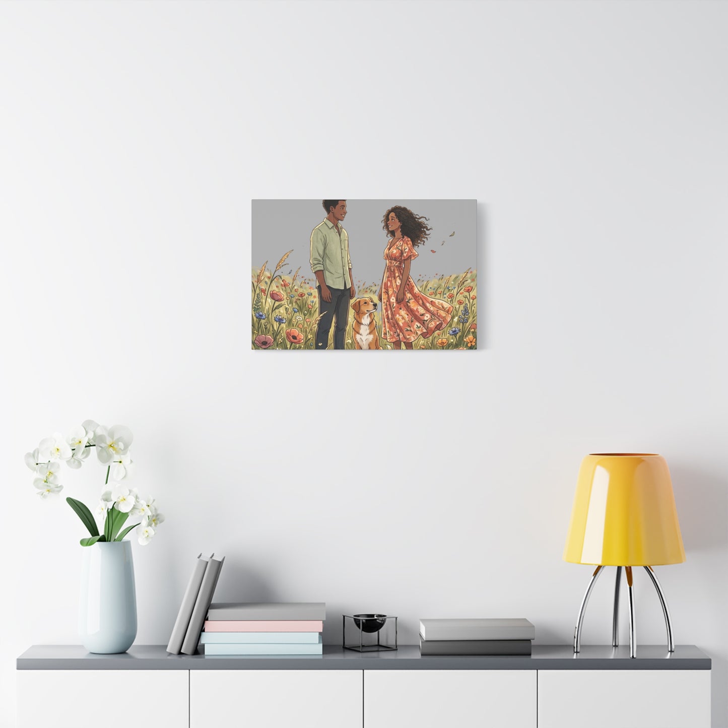 Romantic Couple in Wildflower Field Canvas Art — Black Love Wall Decor with Dog