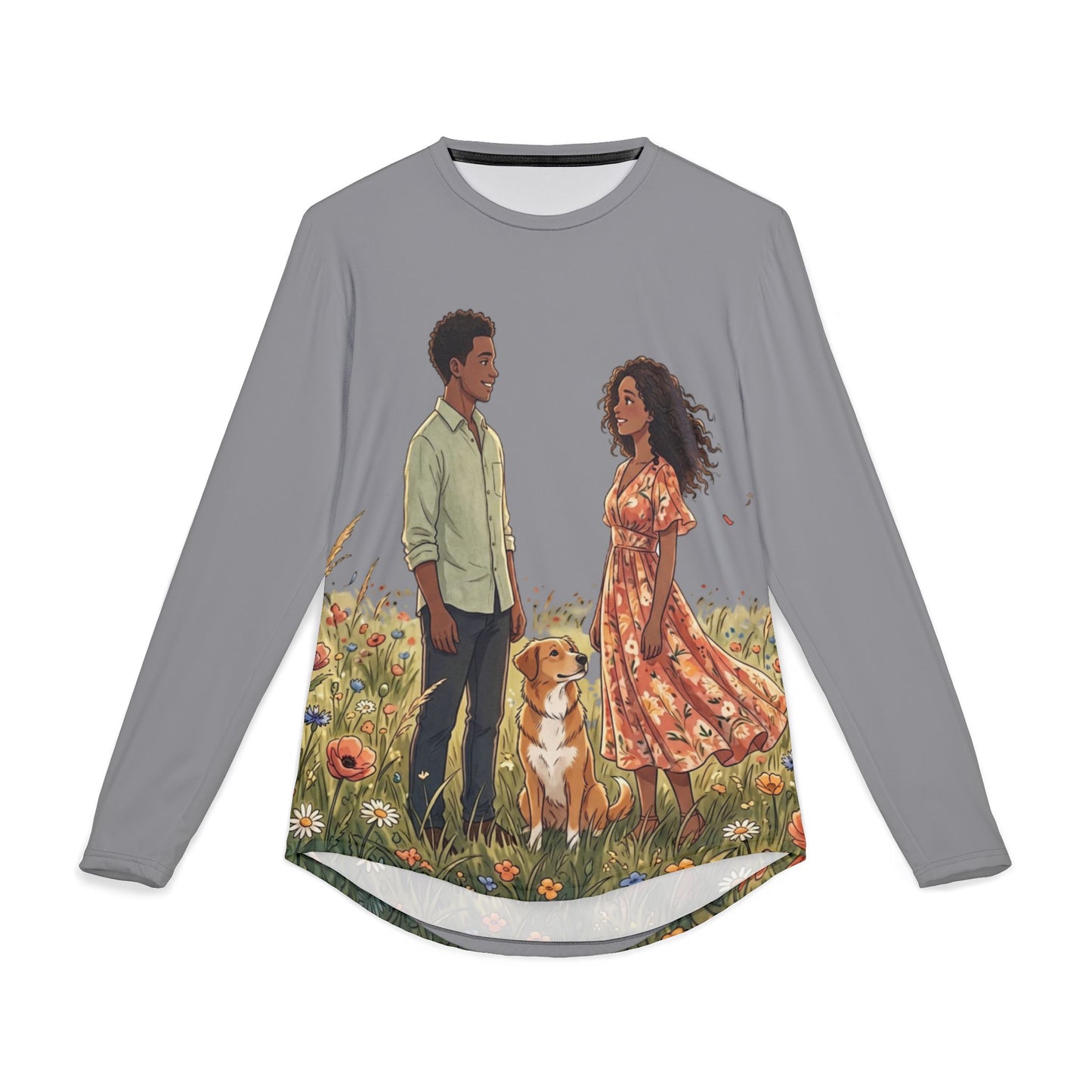 Romantic Couple & Dog Long Sleeve Shirt — Sun Protection AOP