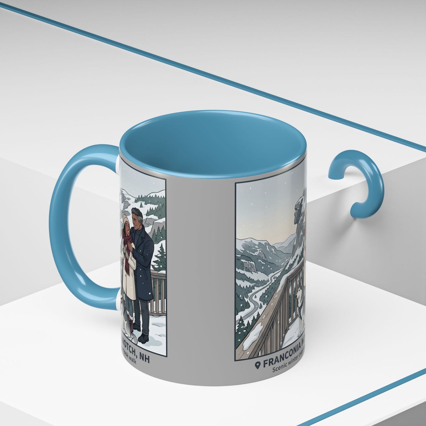 Franconia Notch Scenic Winter Mug — Couples & Dog Snowy Overlook Coffee Cup (11/15oz)