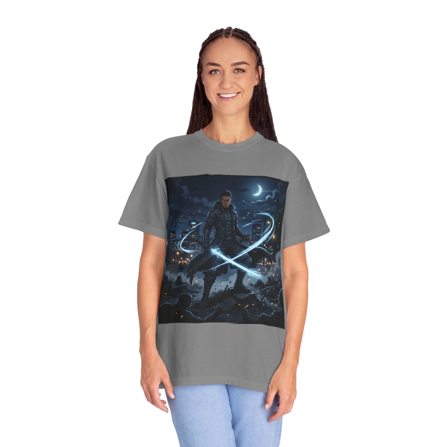 Urban Night Warrior T-Shirt — Neon Samurai Cityscape
