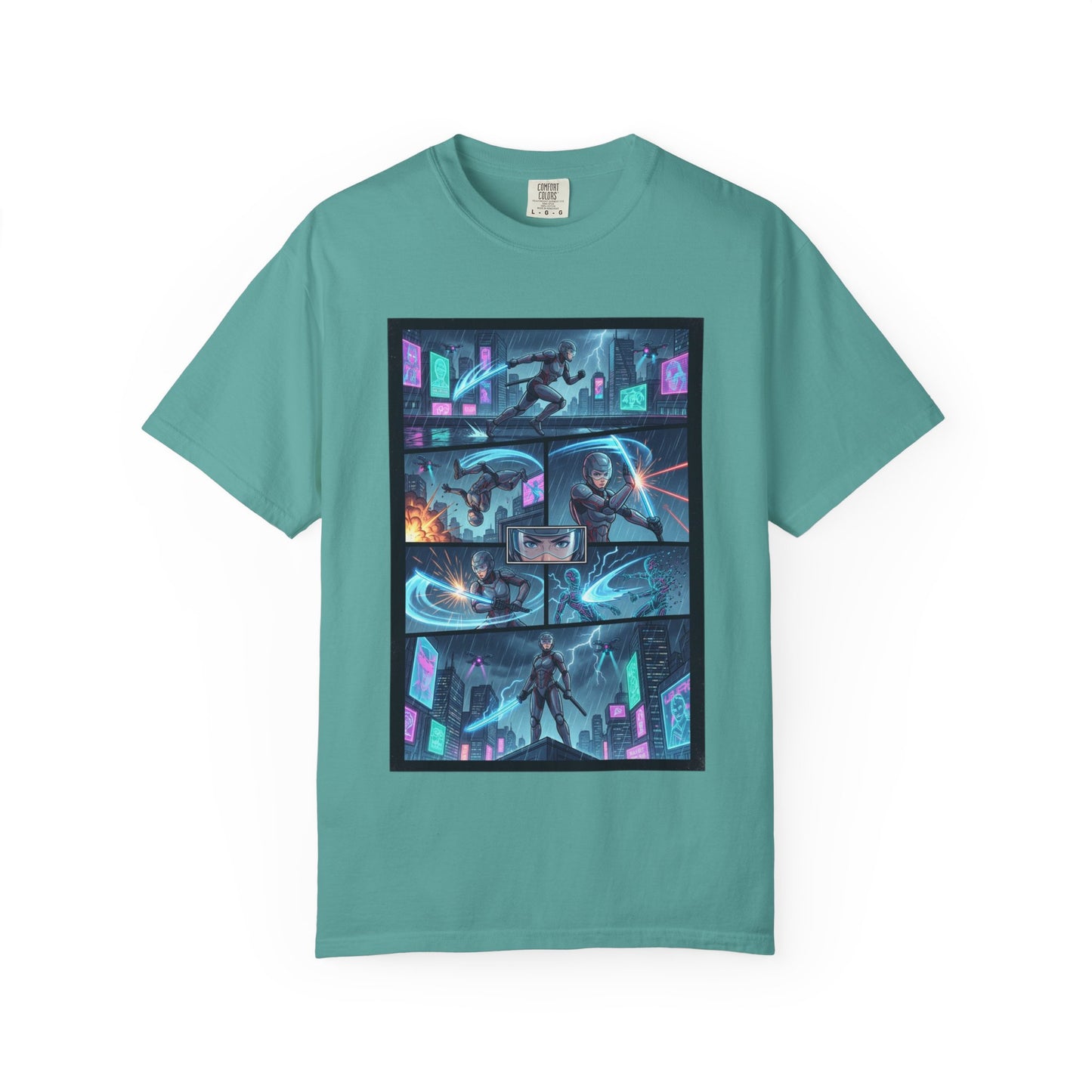 Cyberpunk Girl Samurai T-Shirt — Neon Manga Panel Graphic Tee