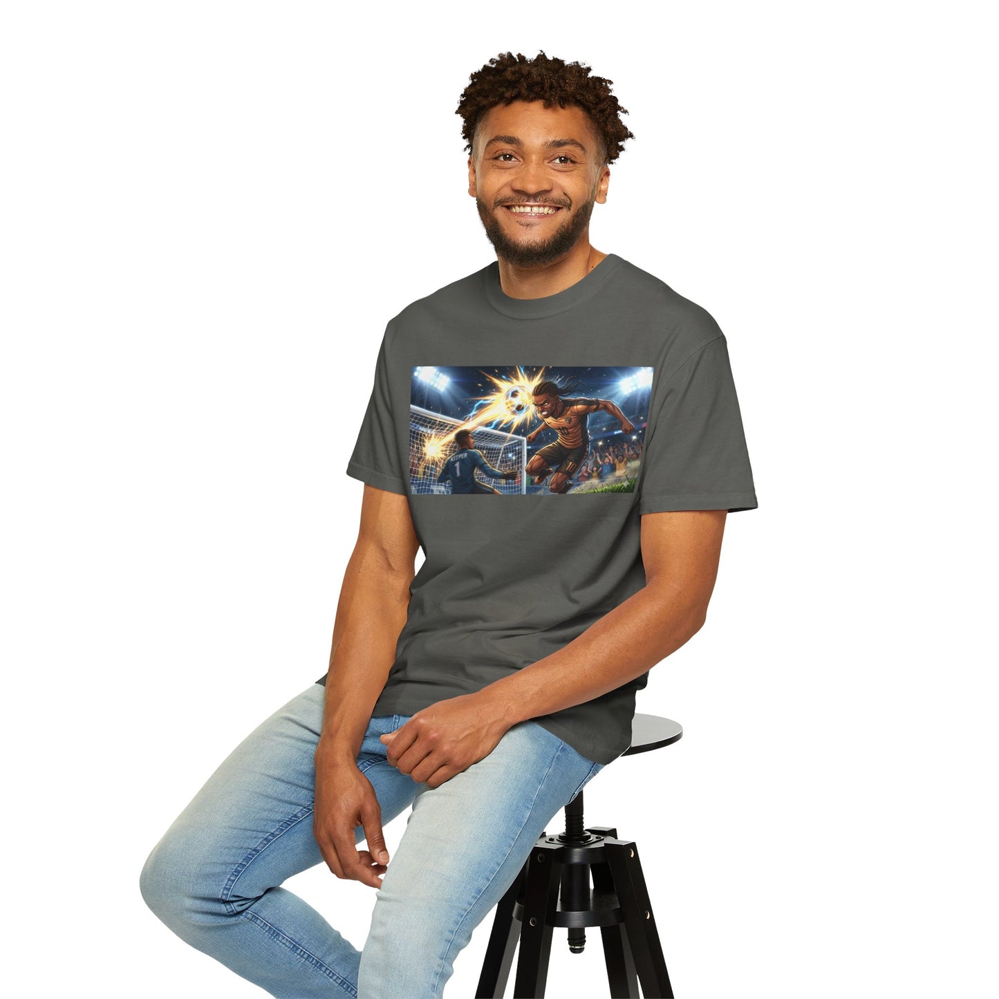 Soccer Goal Celebration T-Shirt — Action Football Scene Graphic Tee