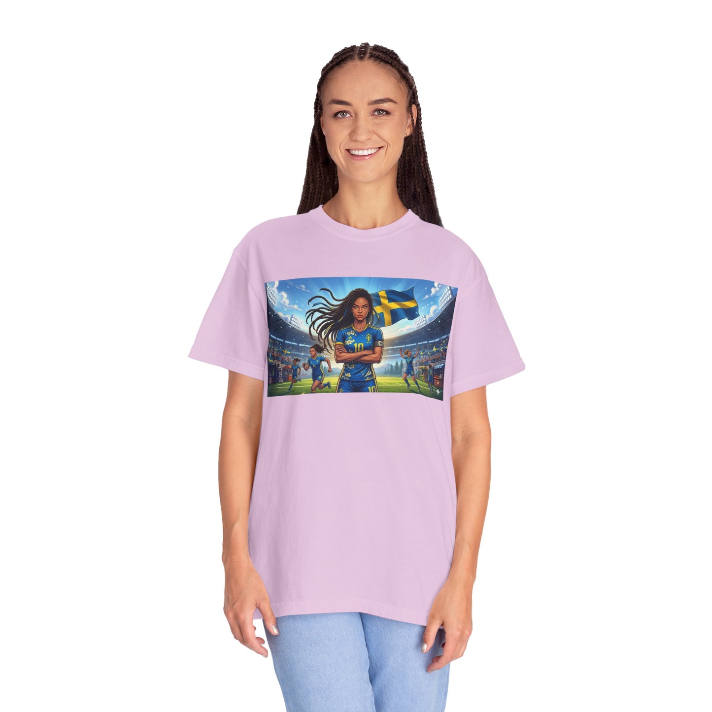 Swedish Soccer Pride T-Shirt — Female Footballer with Flag Stadium Design