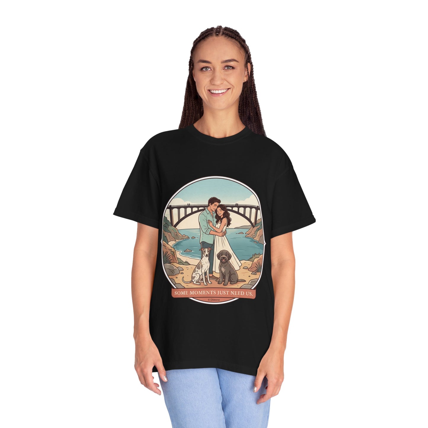 T-Shirt — Romantic Coastal Couples Tee “Some Moments Are Forever” with Dogs