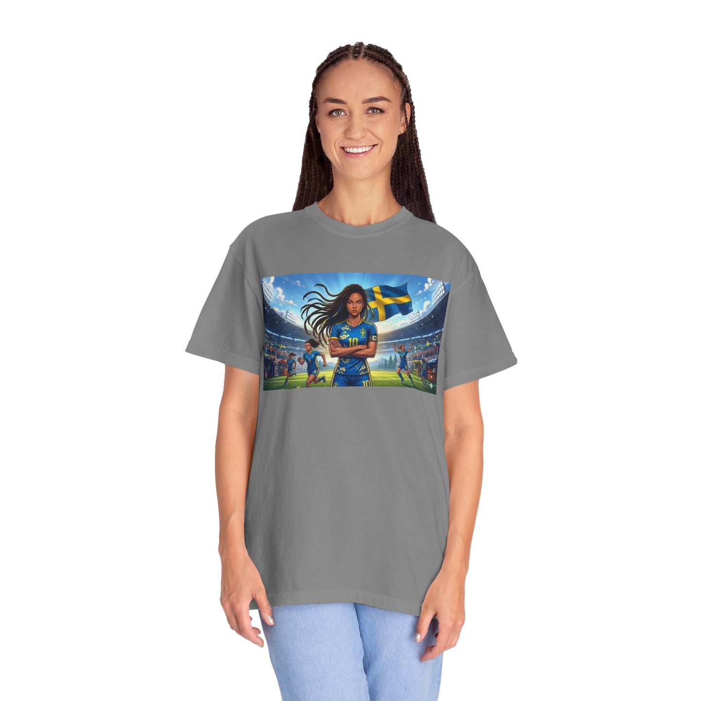 Swedish Soccer Pride T-Shirt — Female Footballer with Flag Stadium Design