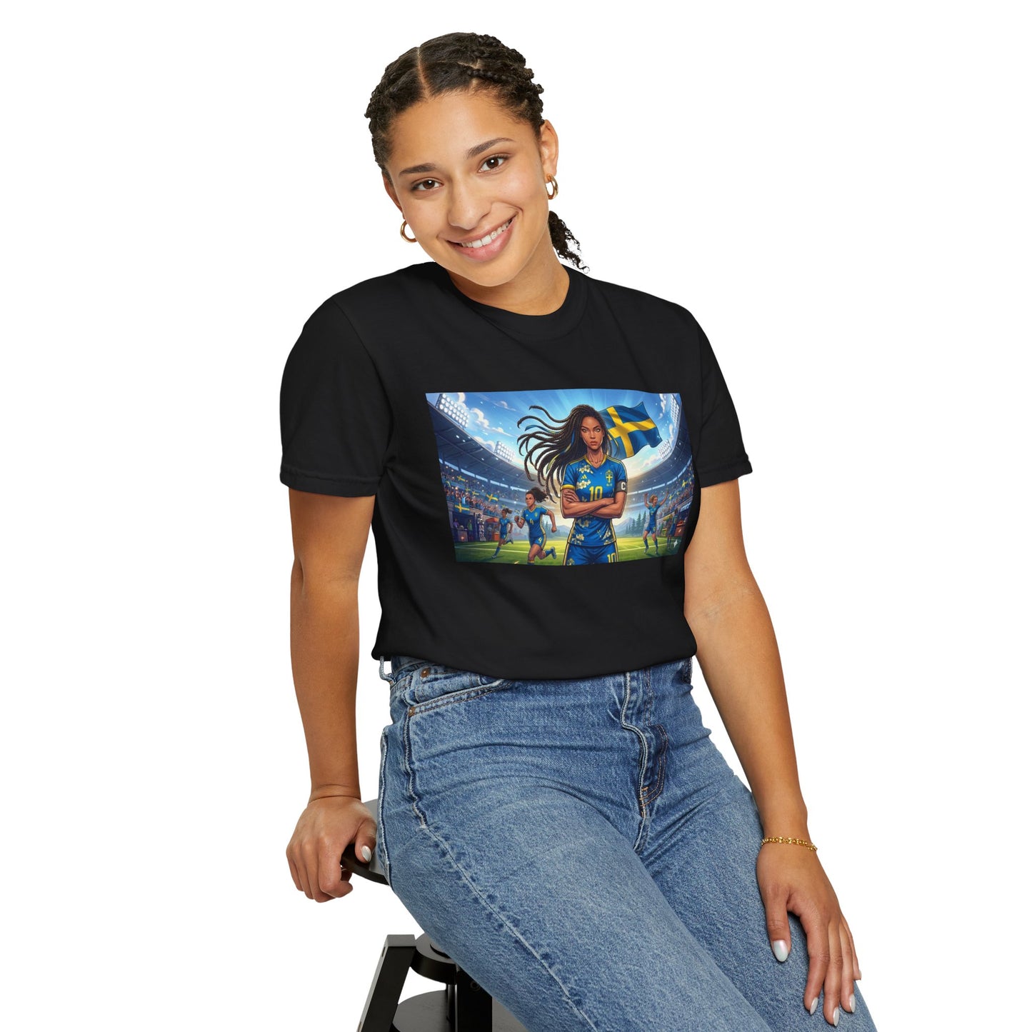 Swedish Soccer Pride T-Shirt — Female Footballer with Flag Stadium Design