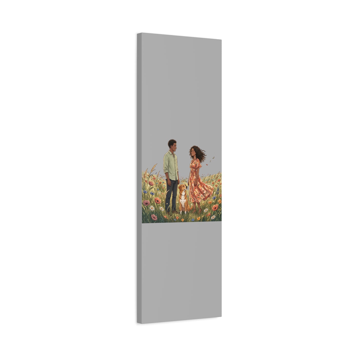 Romantic Couple in Wildflower Field Canvas Art — Black Love Wall Decor with Dog