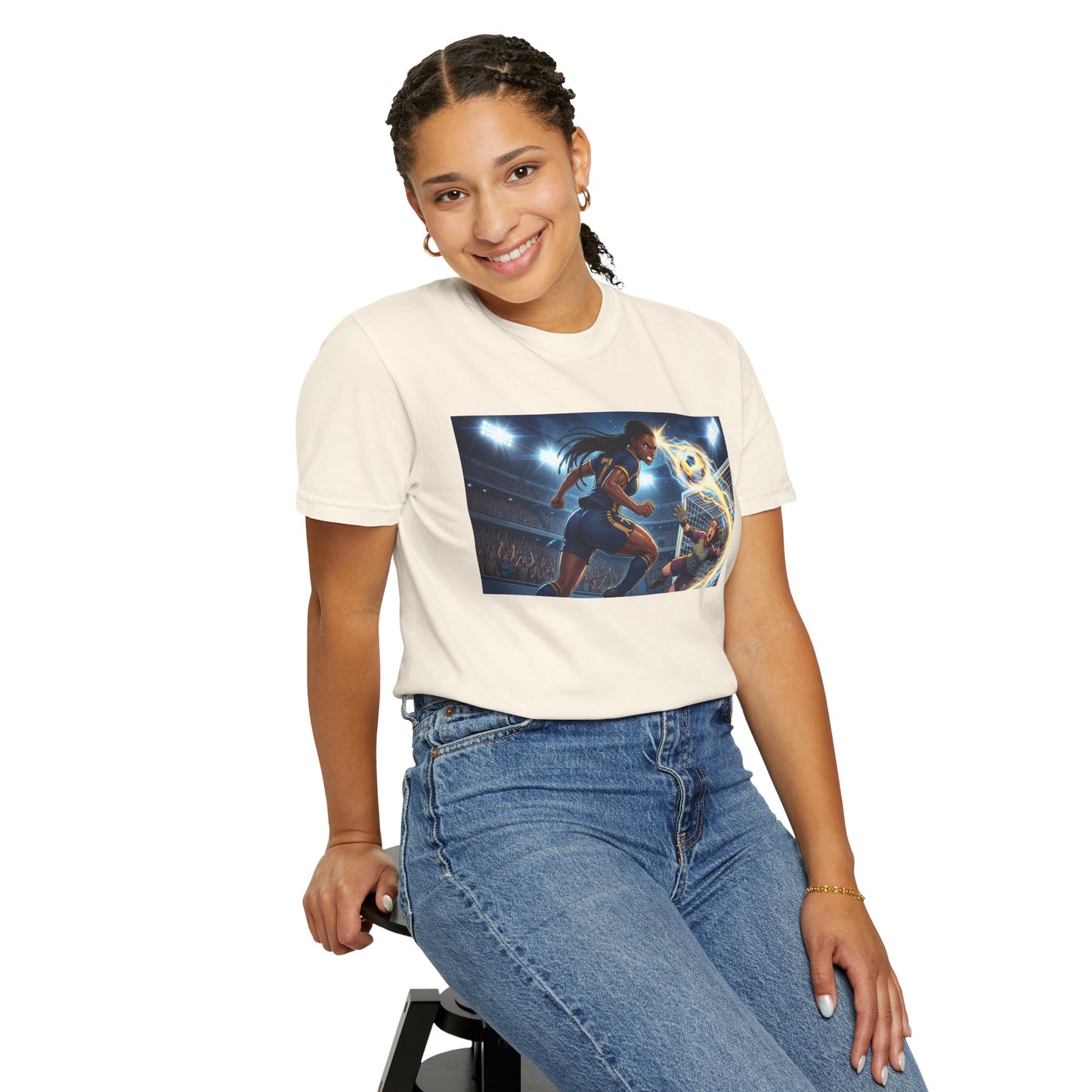 Soccer Duel Graphic T-Shirt — Futuristic Goalkeeper vs Striker Stadium Print